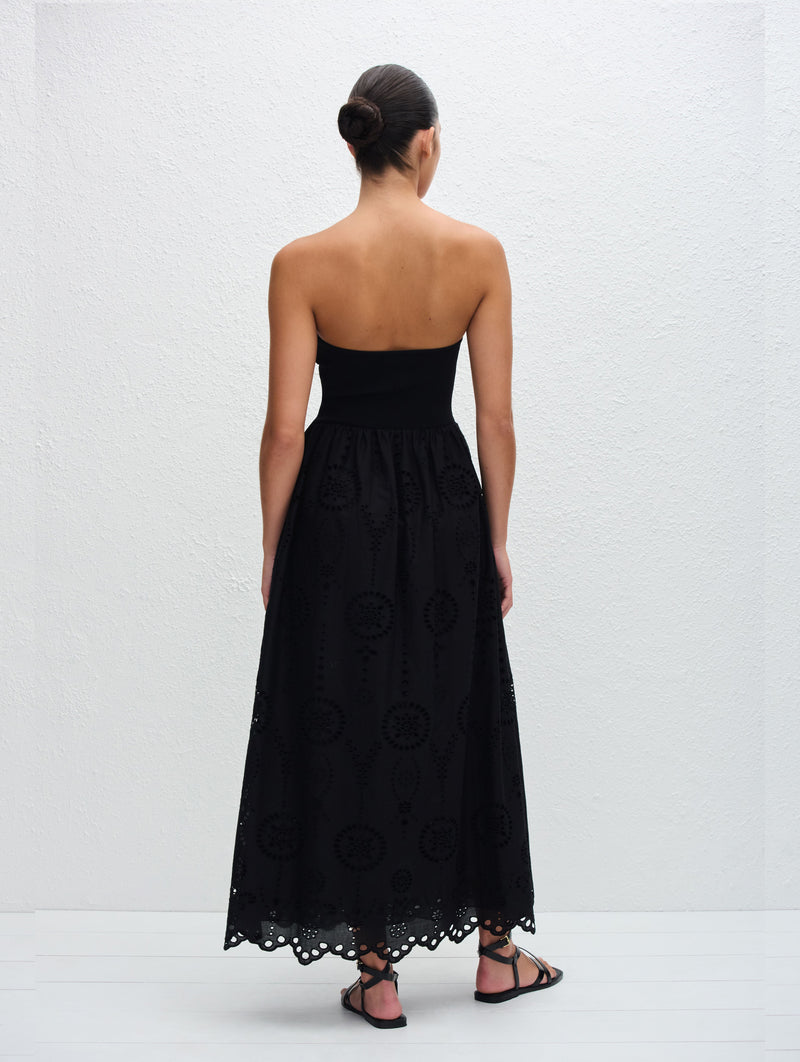 Strapless Knit and Broderie Dress in Black