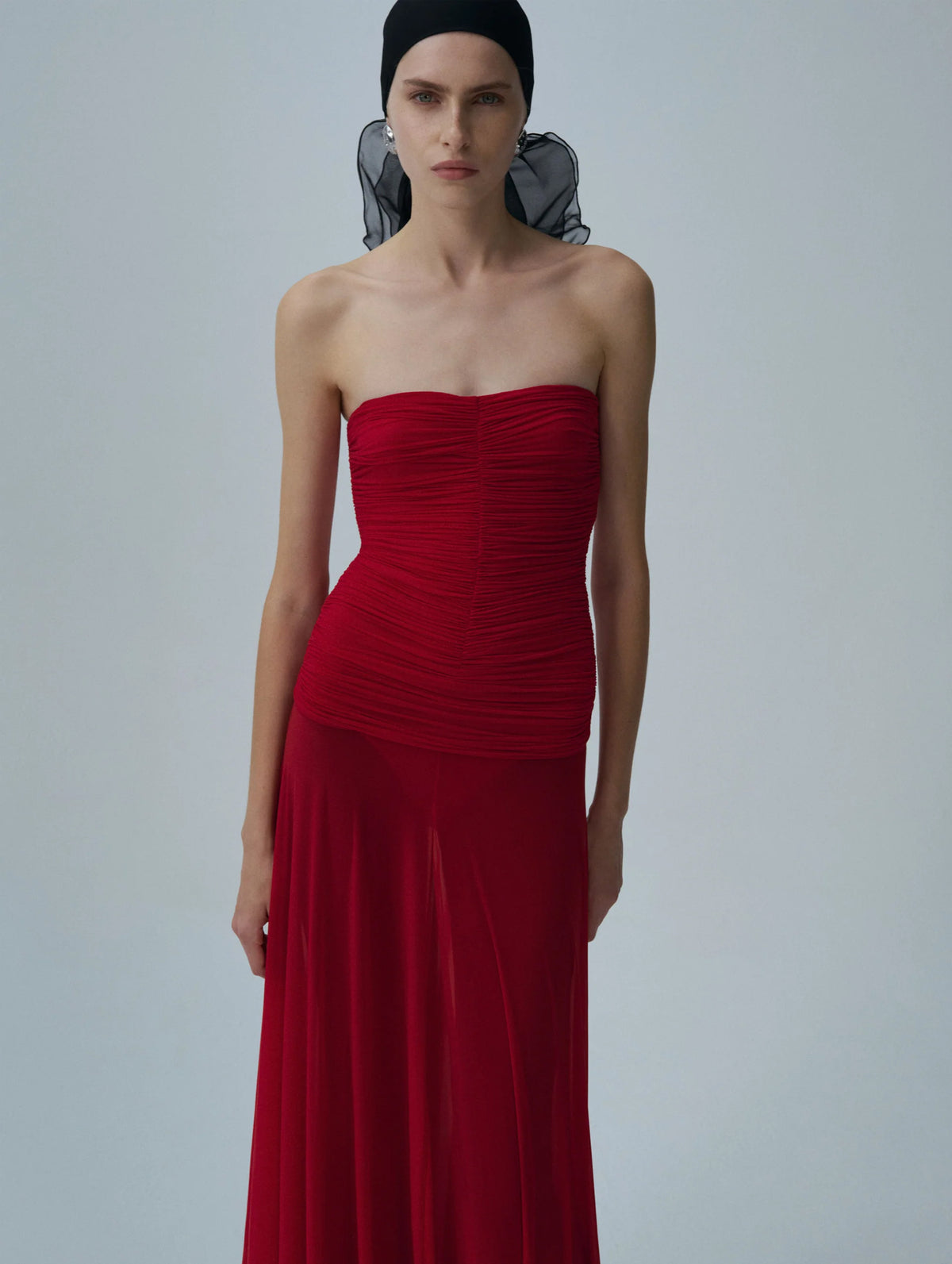 Strapless Cupro Midi Dress in Red