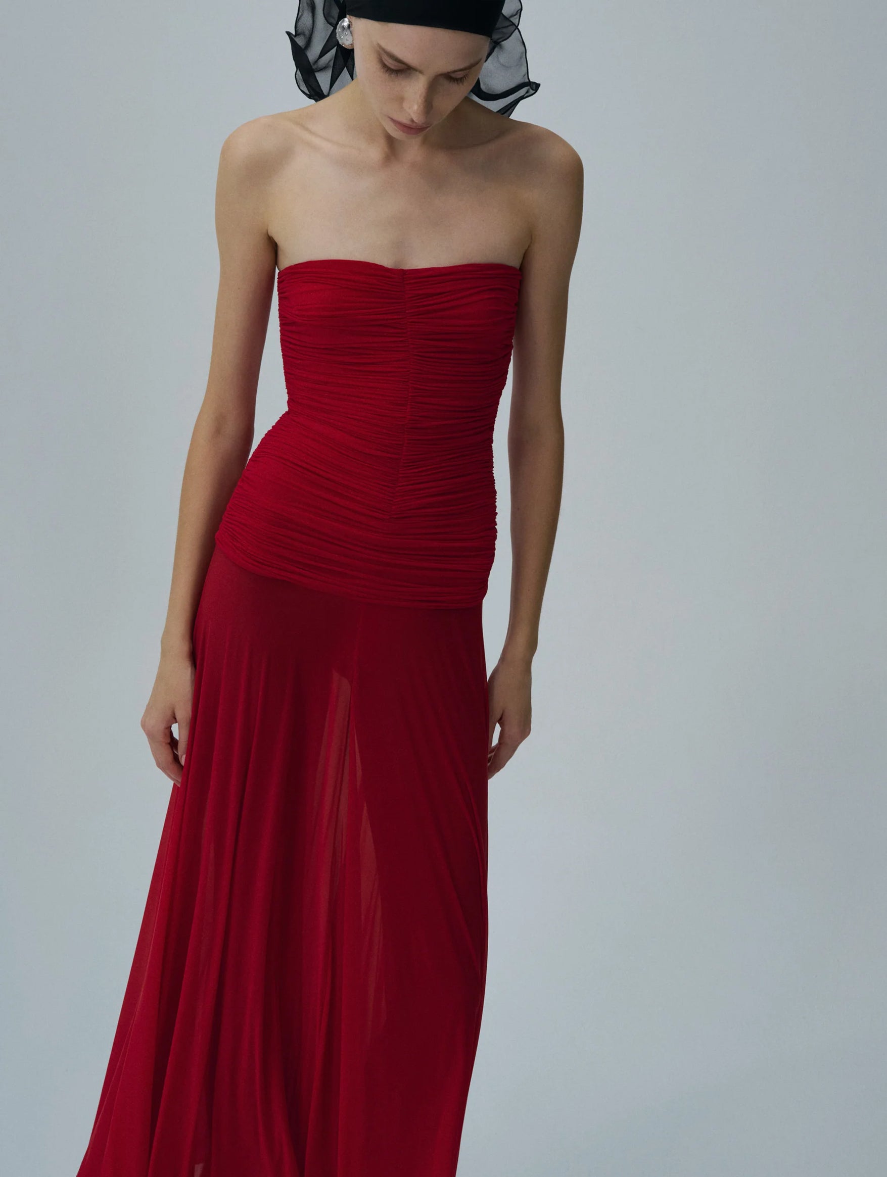 Strapless Cupro Midi Dress in Red