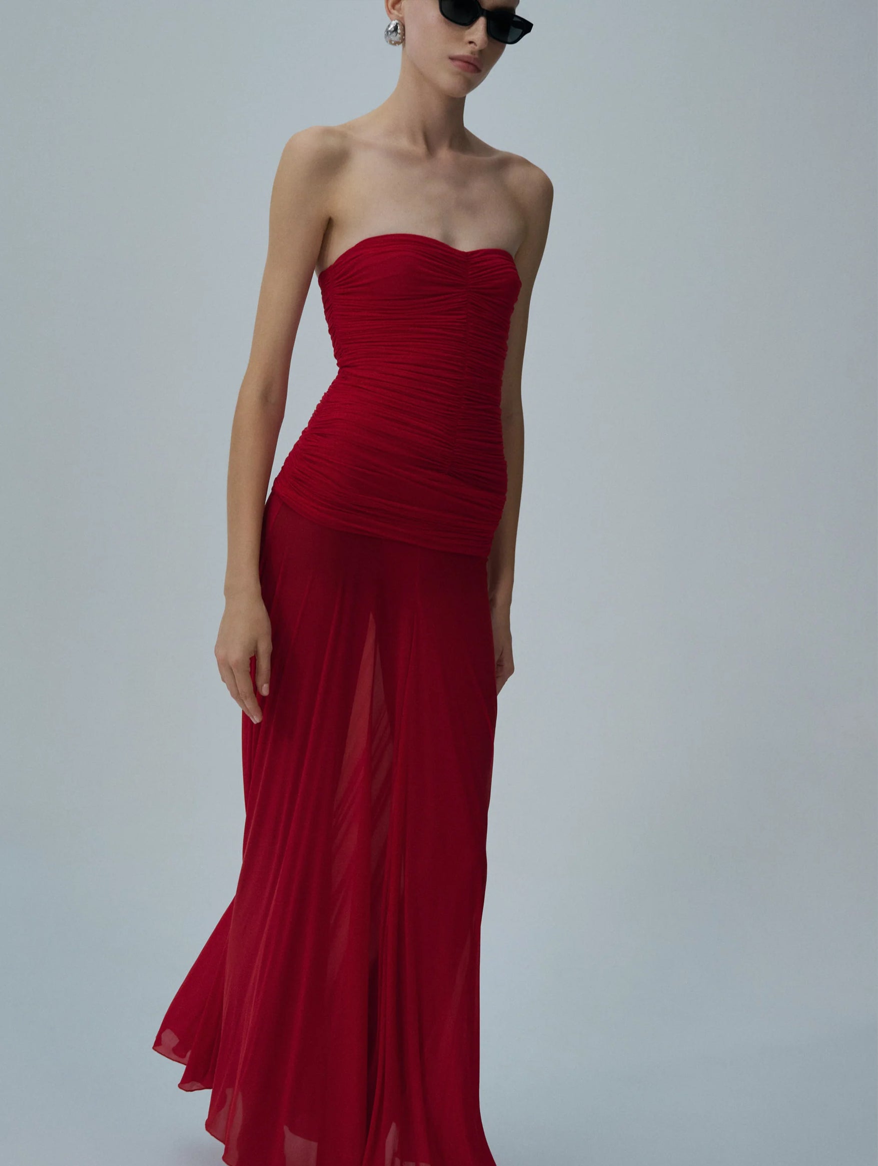 Strapless Cupro Midi Dress in Red