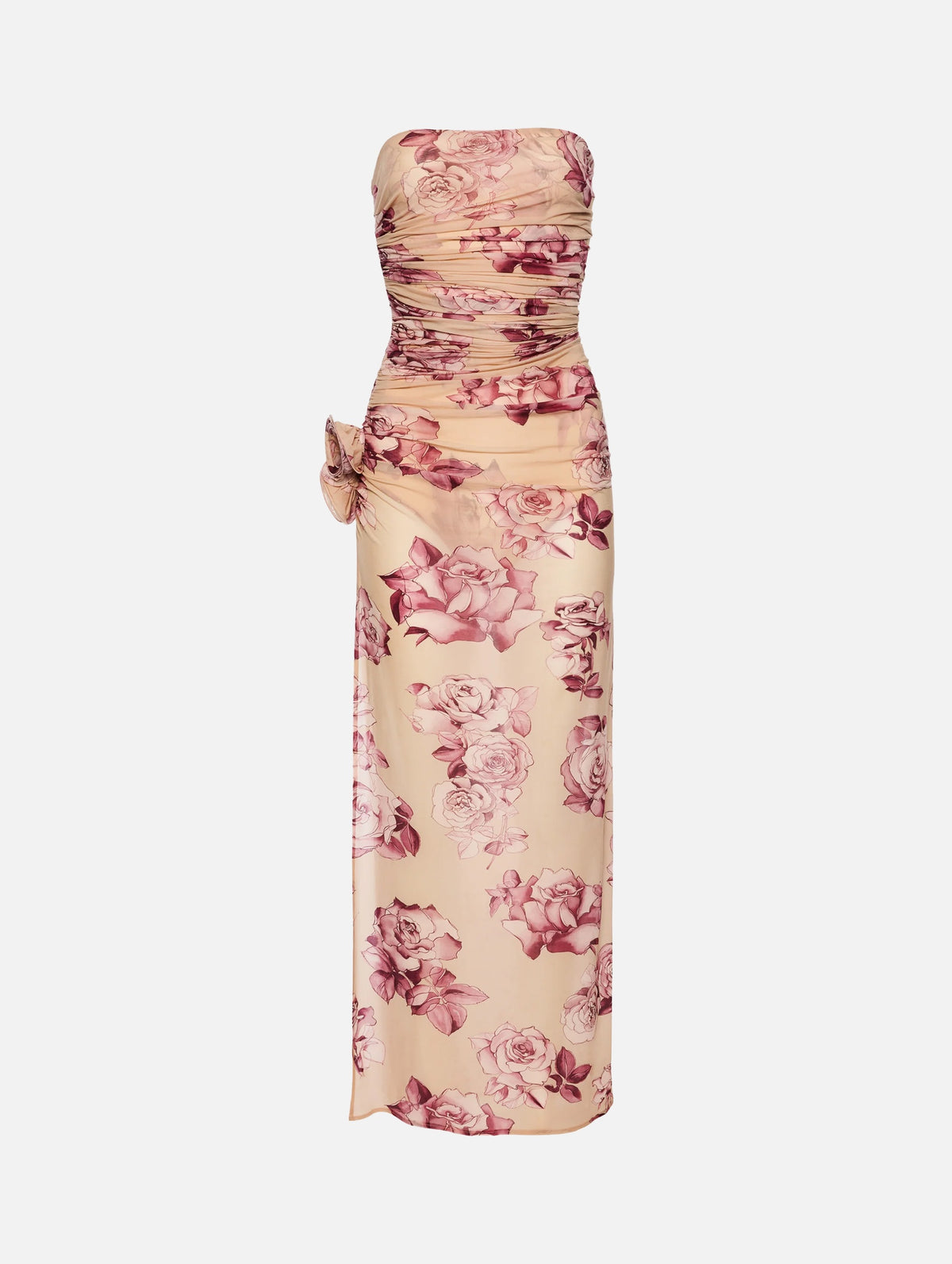 Strapless Flower Applique Midi Dress in Beige Print