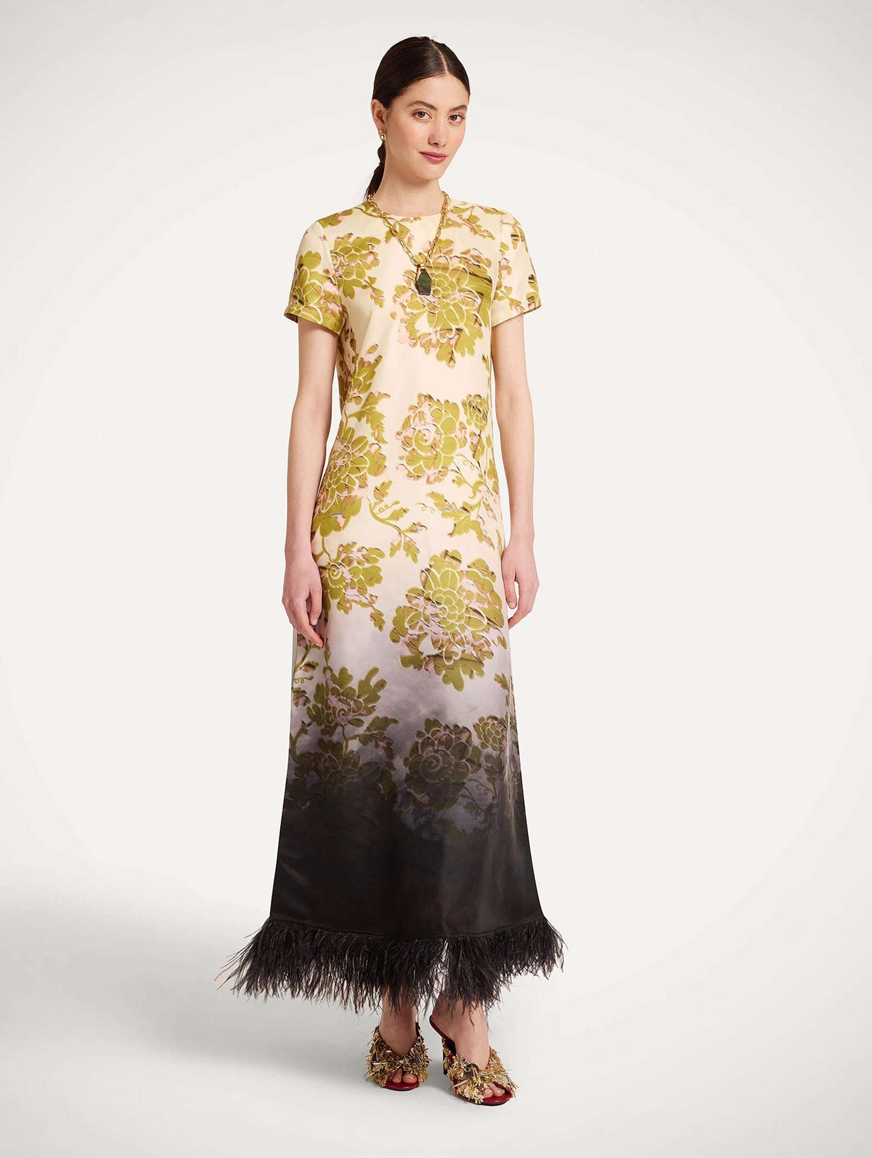Swing Dress with Feathers in Oasis Ombré Placée Green & Black