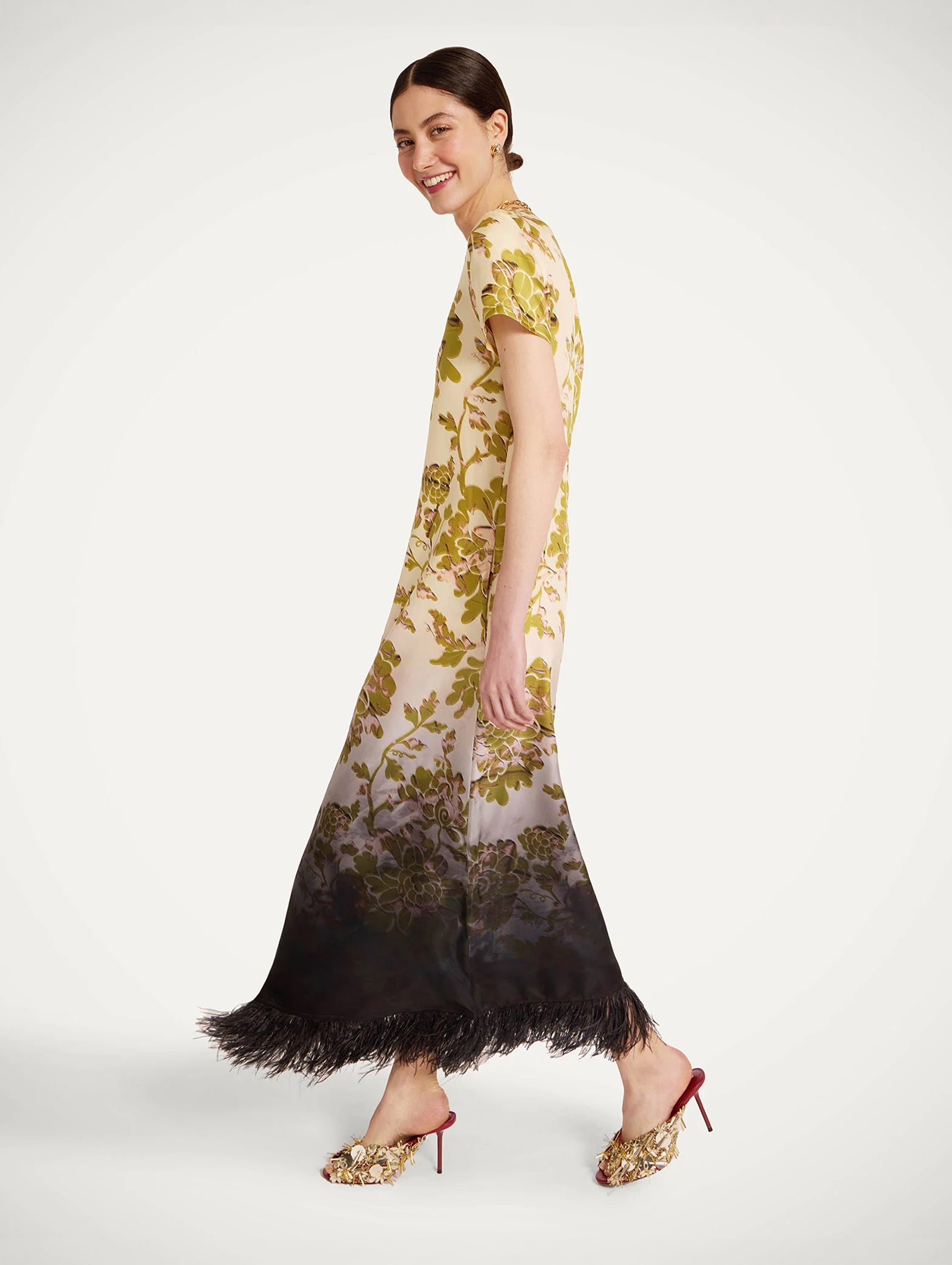 Swing Dress with Feathers in Oasis Ombré Placée Green & Black