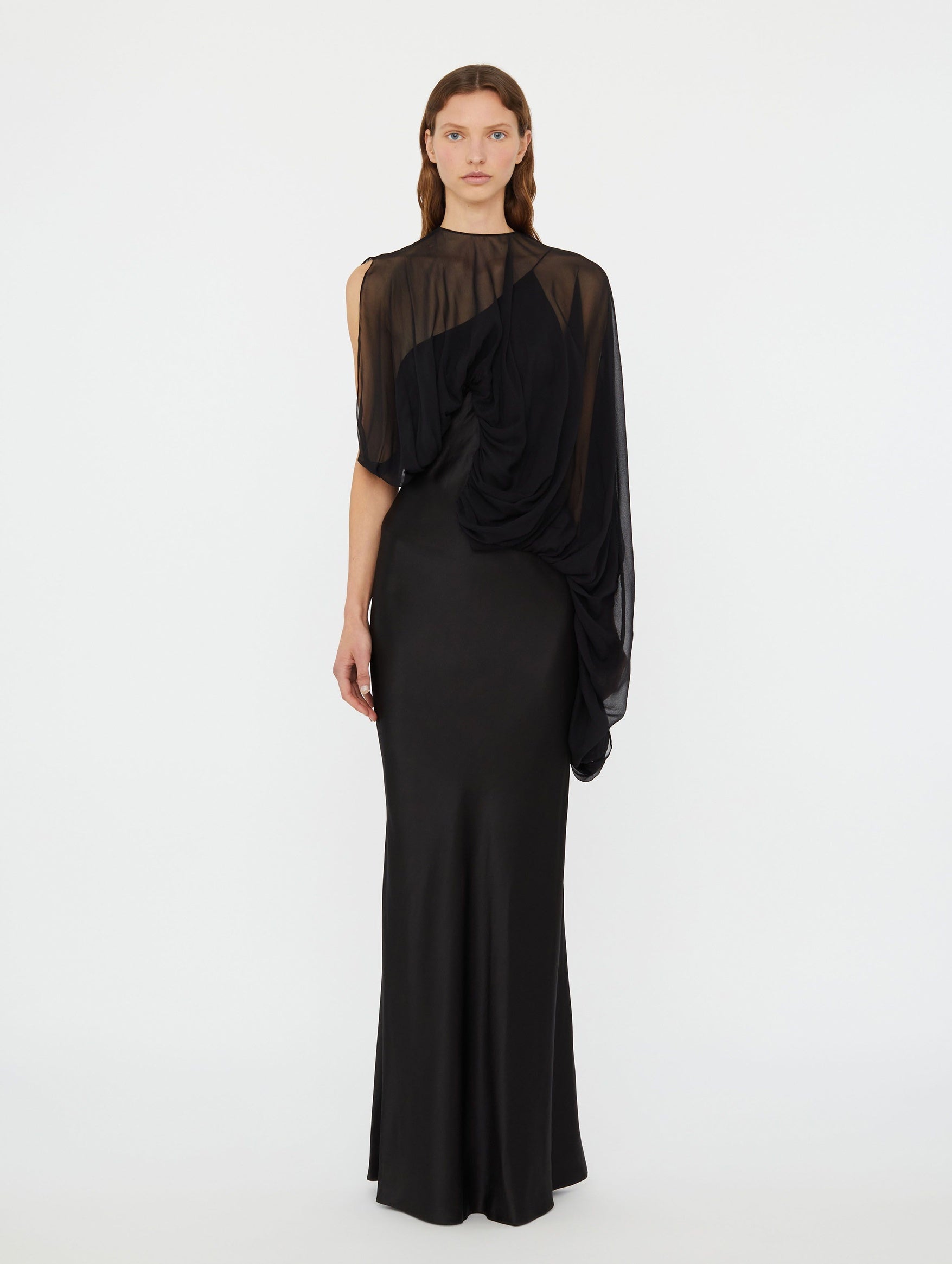 Swirl Silk Draped Sleeve Dress In Black