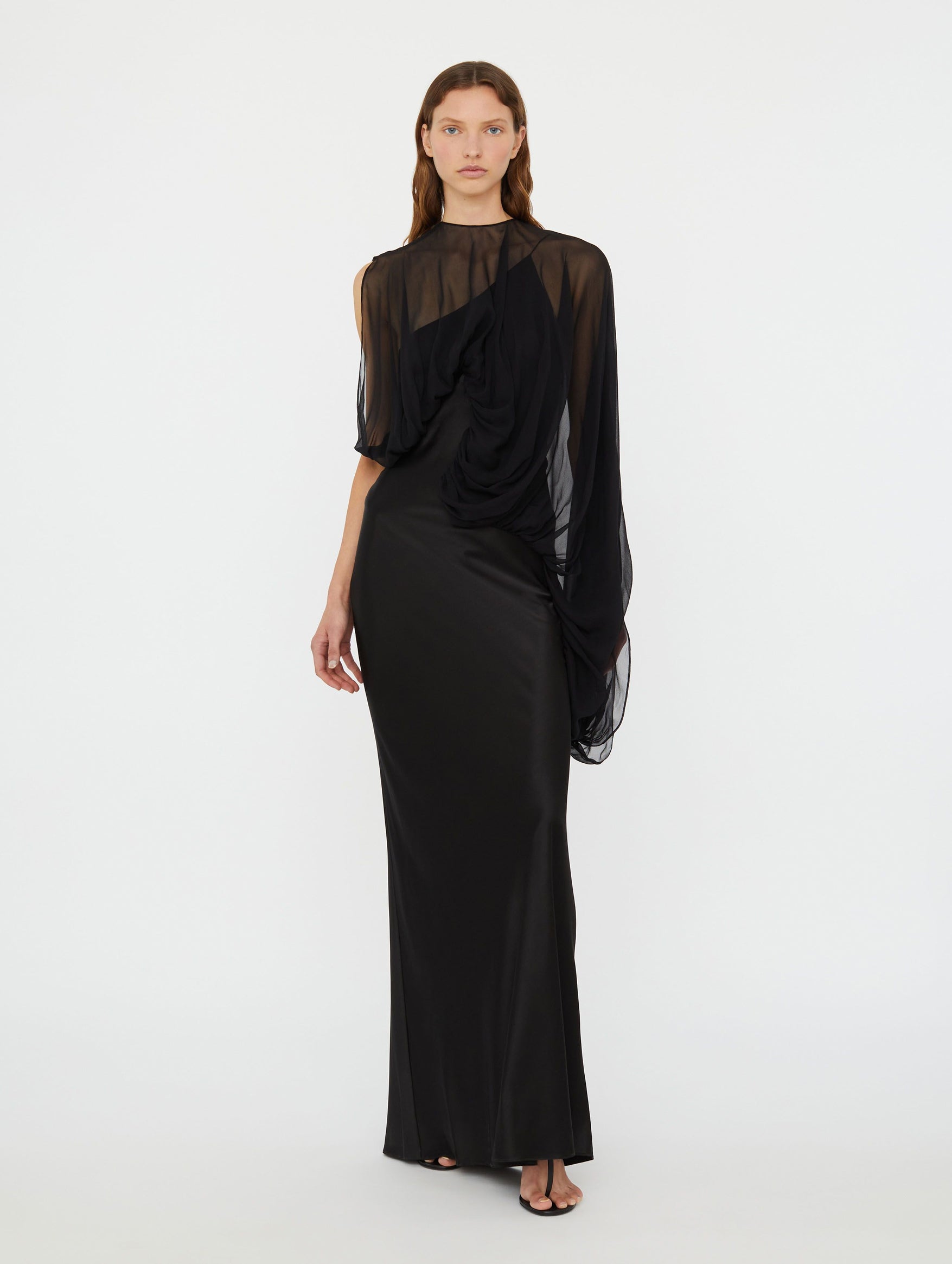 Swirl Silk Draped Sleeve Dress In Black