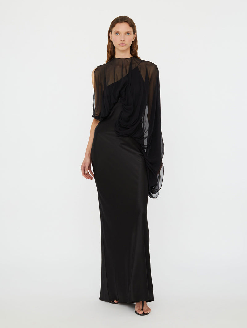 Swirl Silk Draped Sleeve Dress In Black