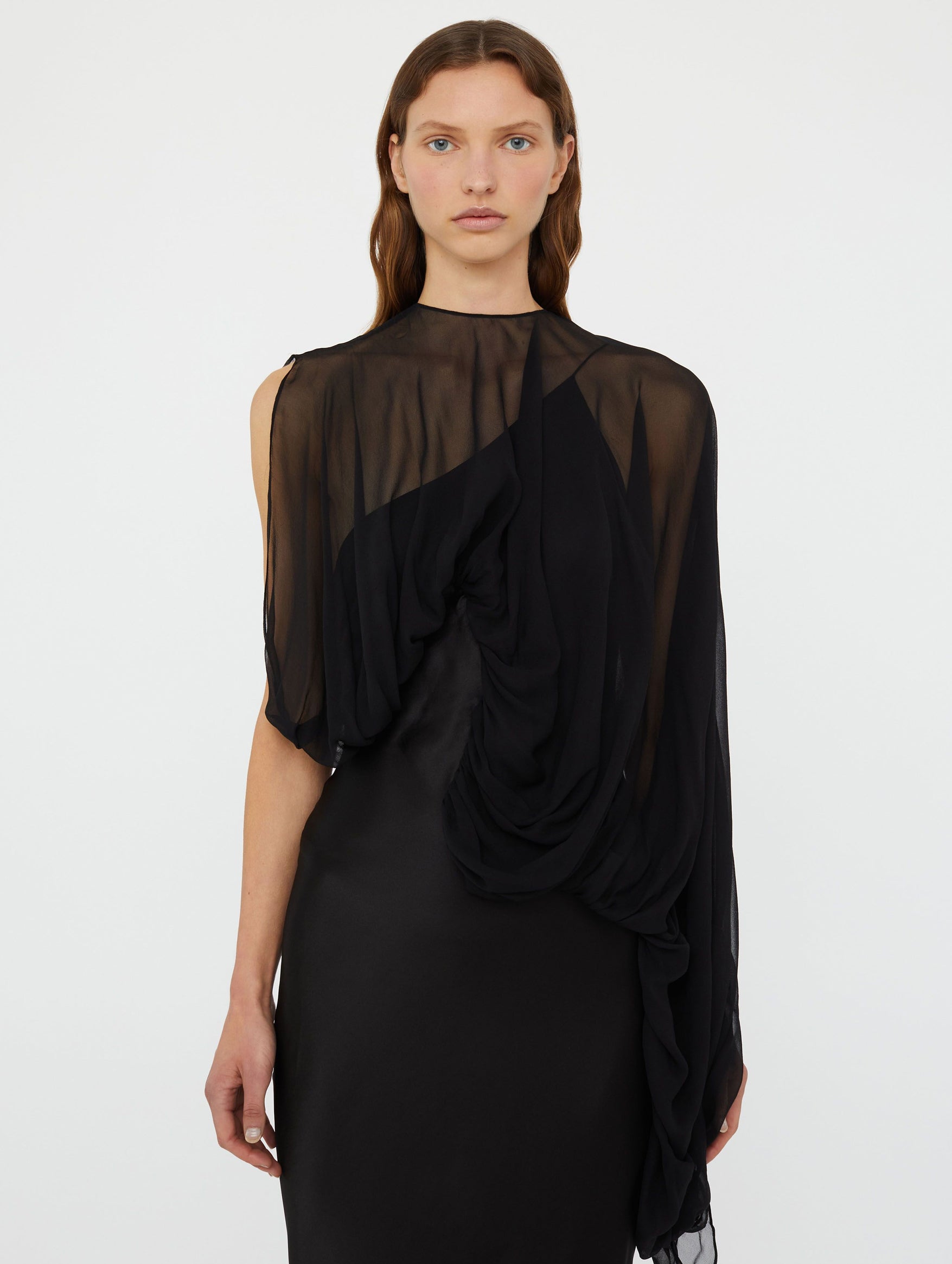 Swirl Silk Draped Sleeve Dress In Black
