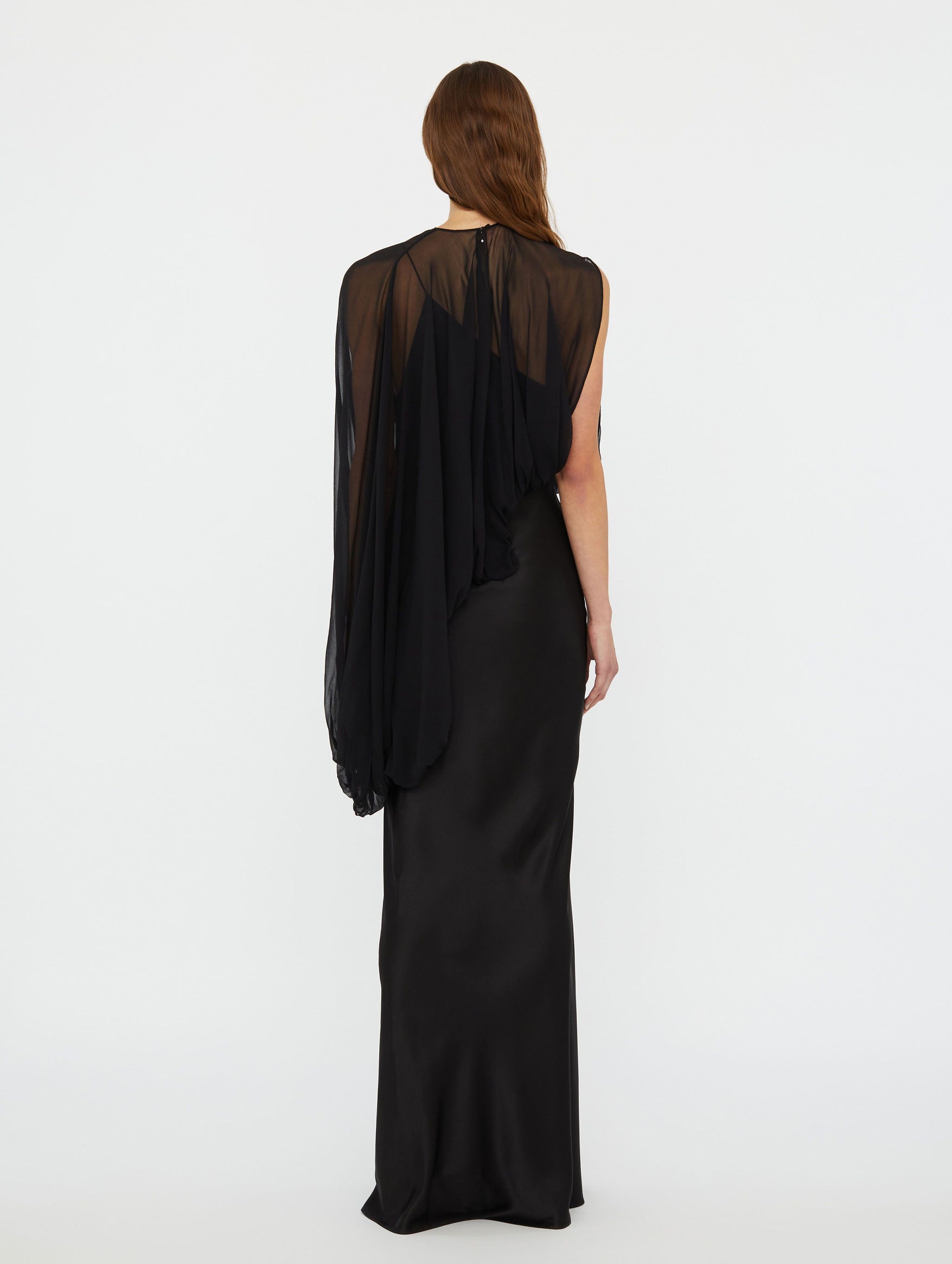 Swirl Silk Draped Sleeve Dress In Black