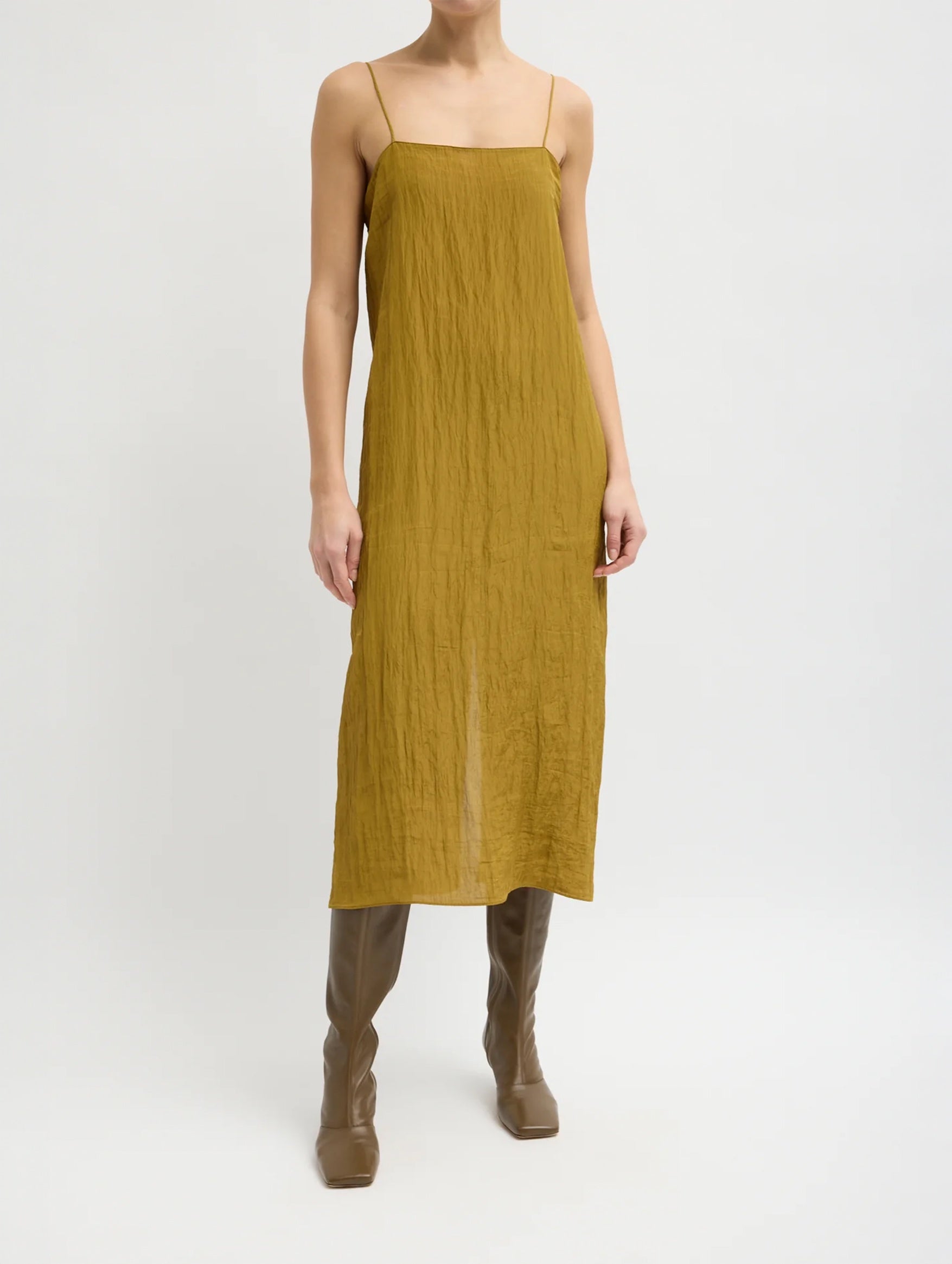 The Crinkle Slip Dress in Mustard