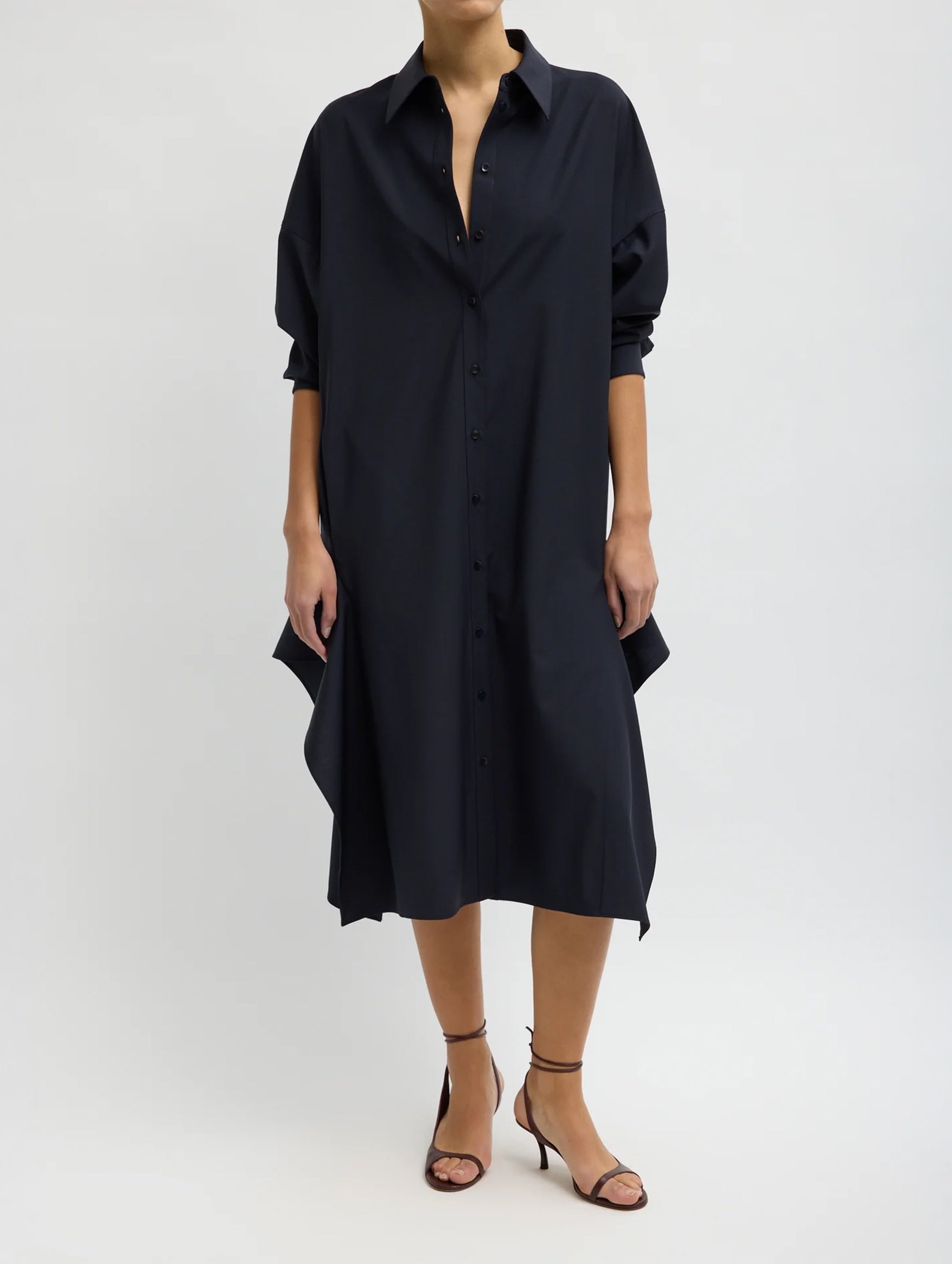 Tropical Wool Shirt Dress With Side Drape in Navy