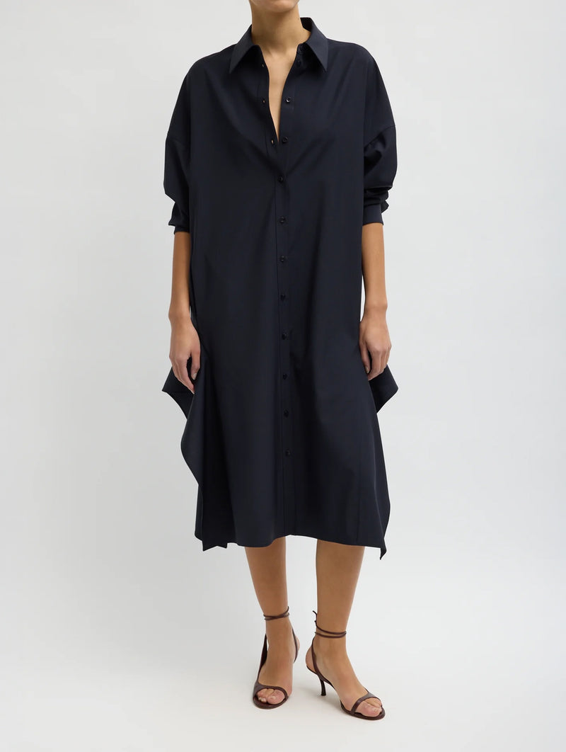 Tropical Wool Shirt Dress With Side Drape in Navy