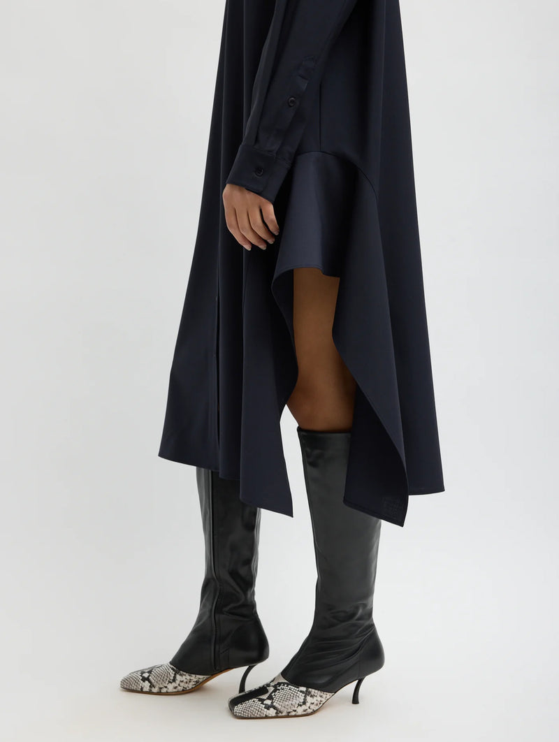 Tropical Wool Shirt Dress With Side Drape in Navy