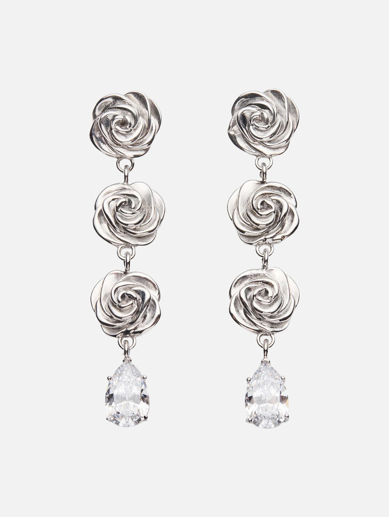 Triple Rose Crystal Drop Earrings in Silver