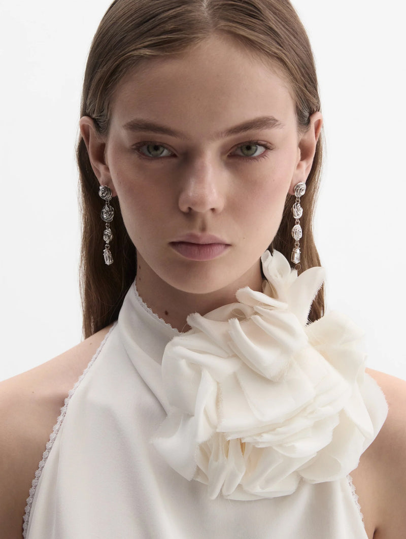 Triple Rose Crystal Drop Earrings in Silver