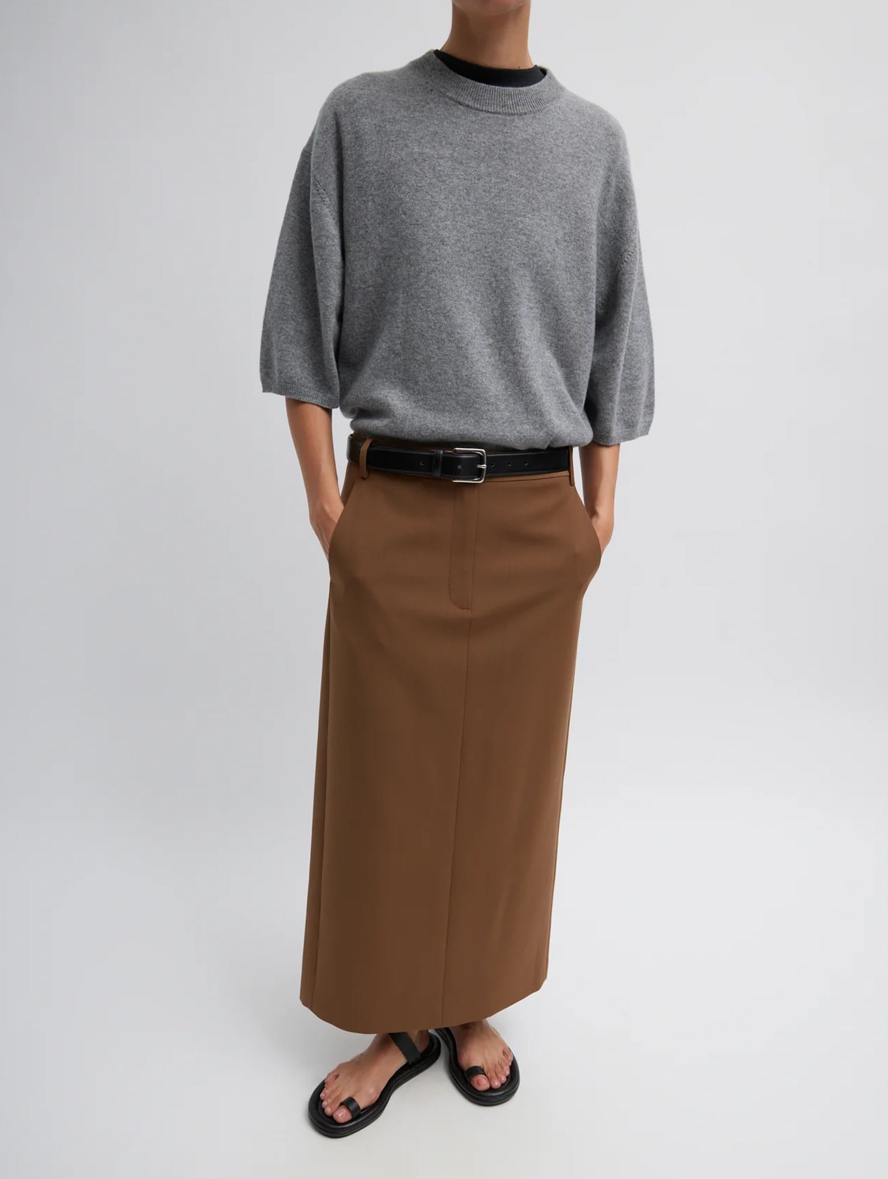 Tropical Wool Maxi Trouser Skirt in Toffee