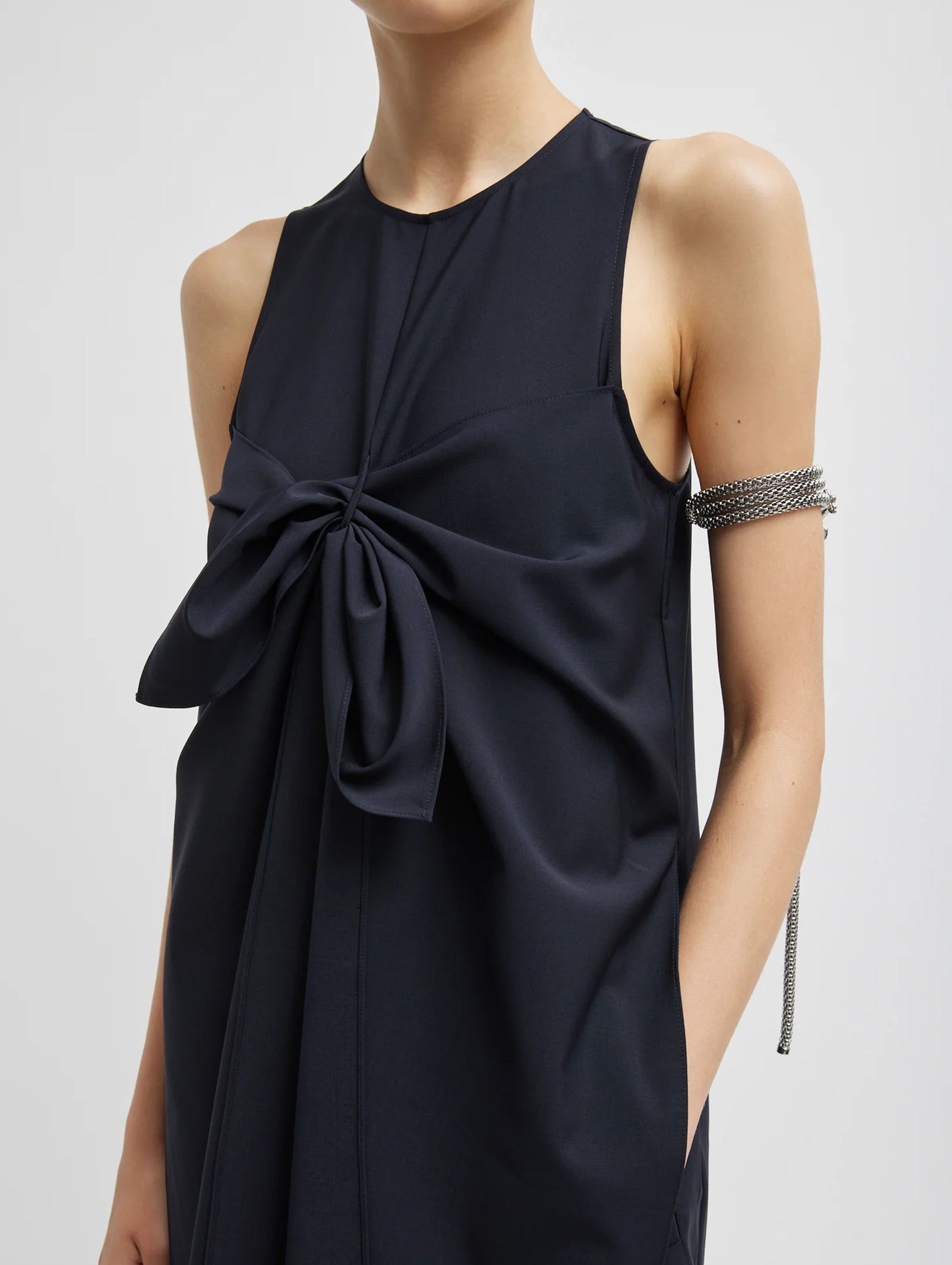 Tropical Wool Tie Front Dress in Navy
