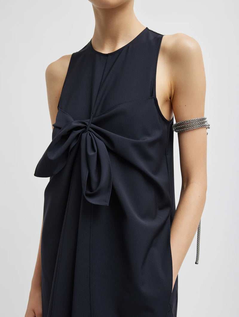 Tropical Wool Tie Front Dress in Navy