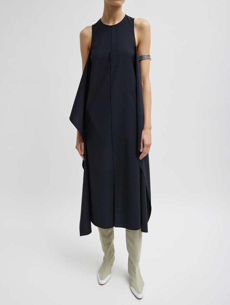 Tropical Wool Tie Front Dress in Navy