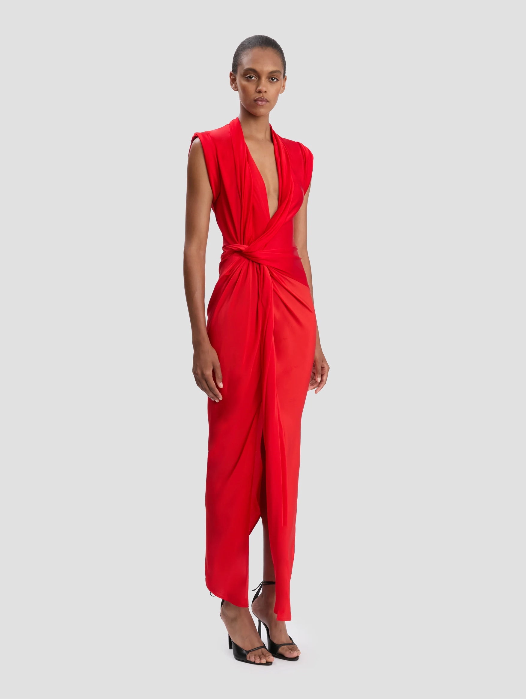 Asymmetric Twist Detail Dress in Cardinal Red