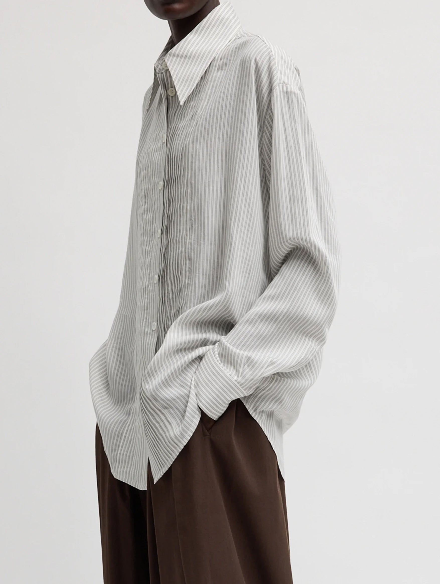 Ultra Light Silk Tencel Striped Pintucked Shirt in White Grey Multi