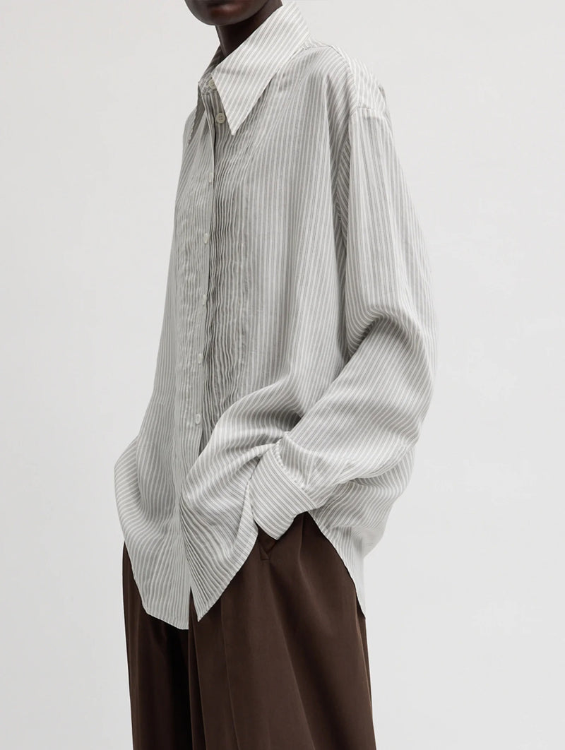 Ultra Light Silk Tencel Striped Pintucked Shirt in White Grey Multi