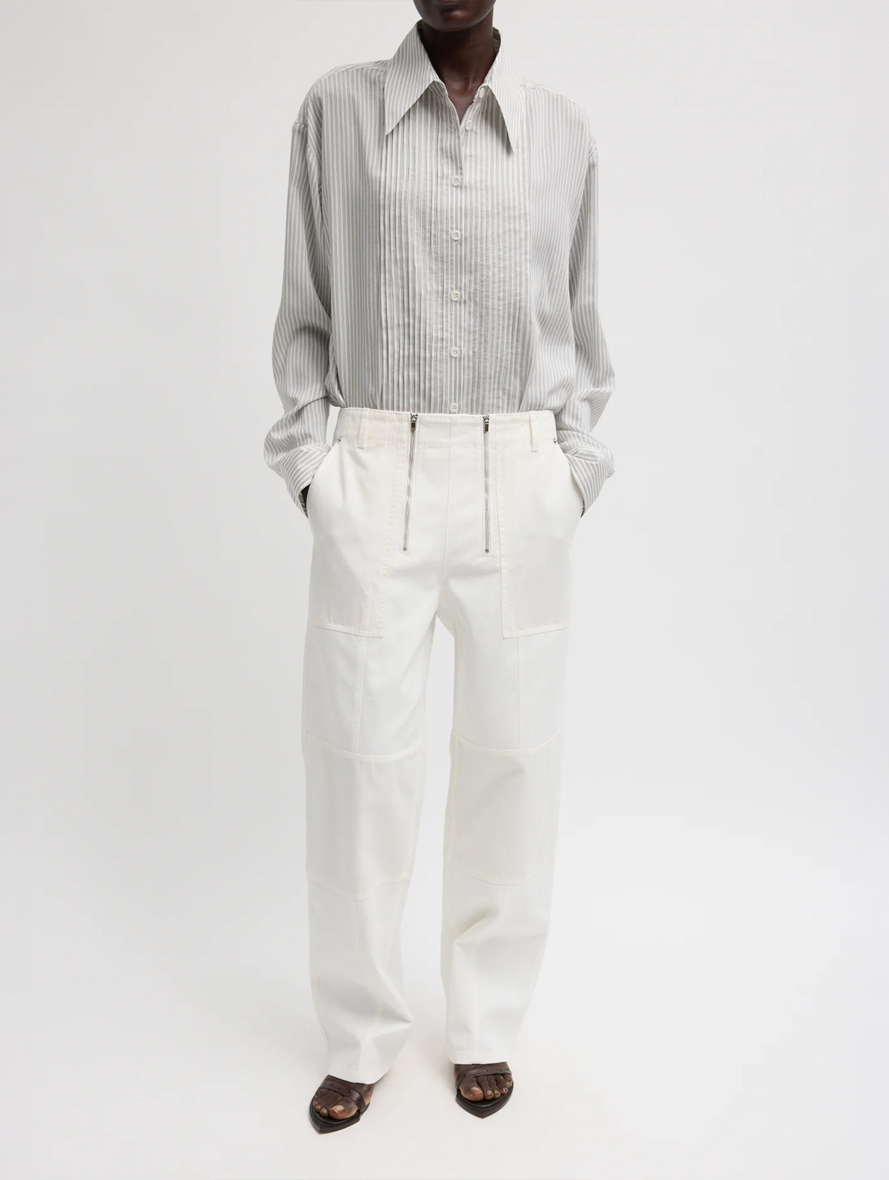 Ultra Light Silk Tencel Striped Pintucked Shirt in White Grey Multi