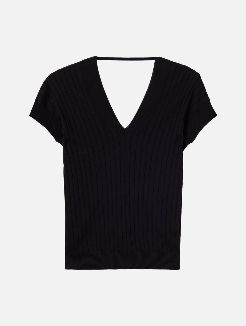 V Neck Cotton Ribbed Knit in Black