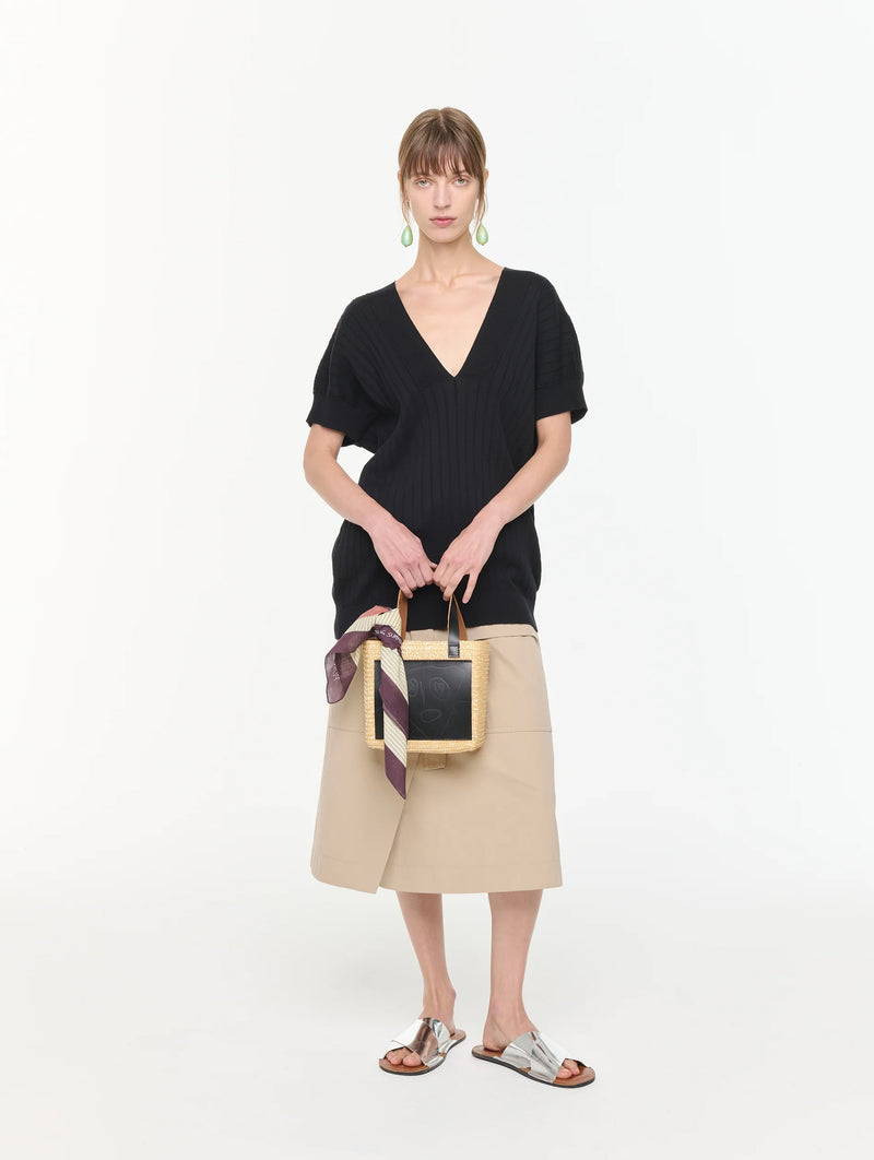 V Neck Cotton Ribbed Knit in Black