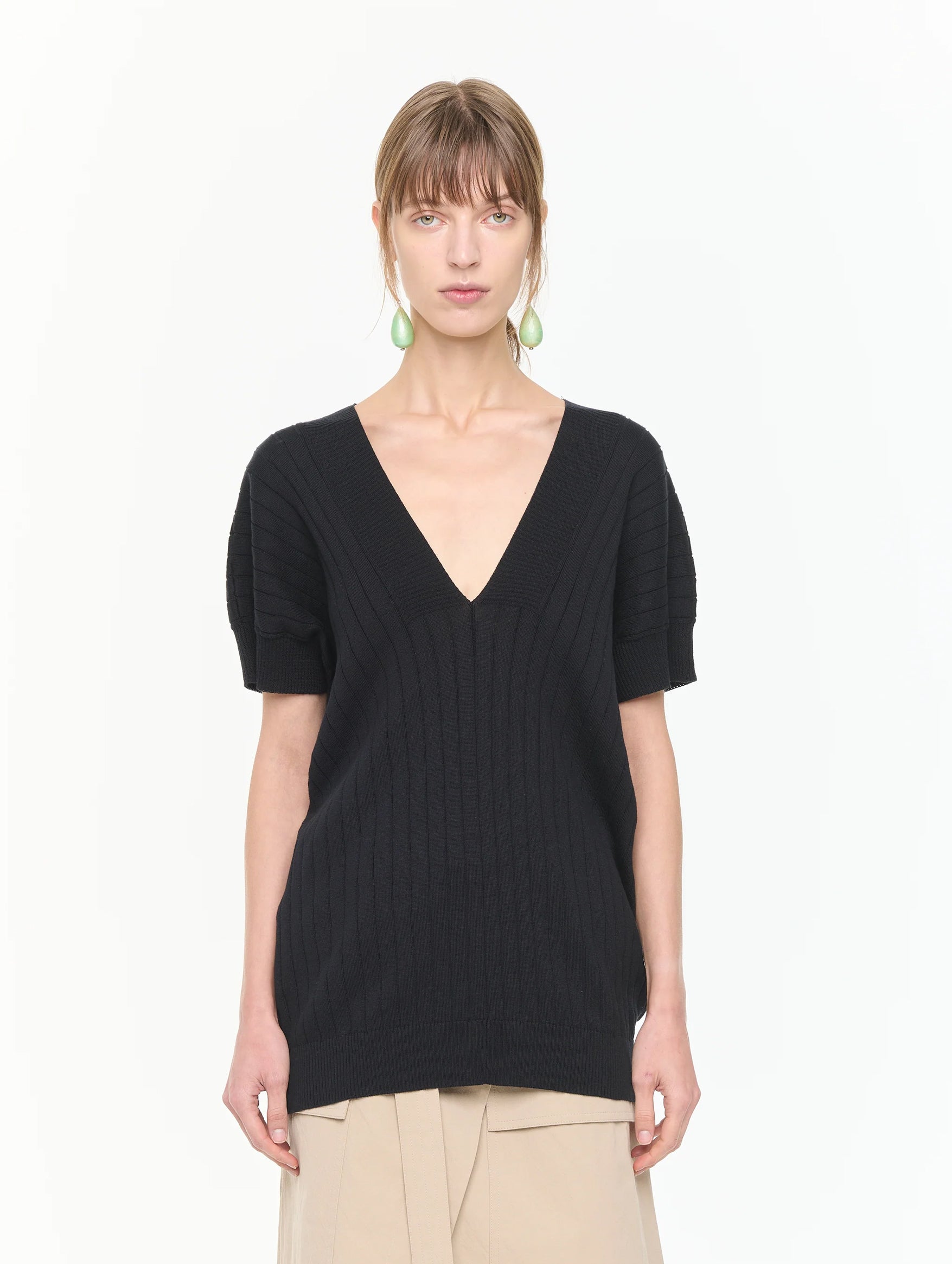 V Neck Cotton Ribbed Knit in Black