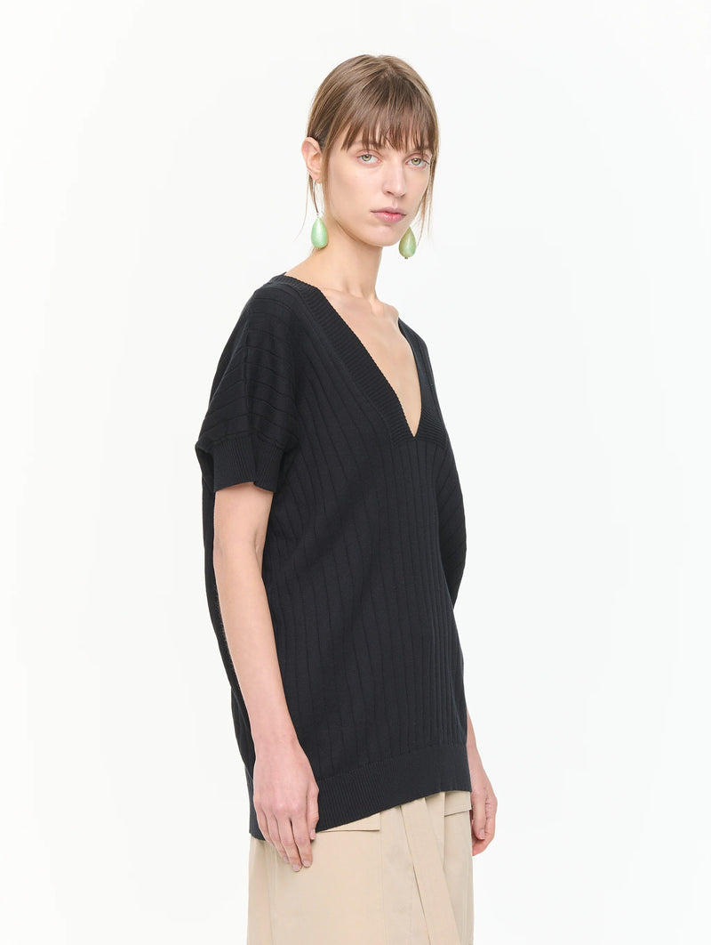 V Neck Cotton Ribbed Knit in Black