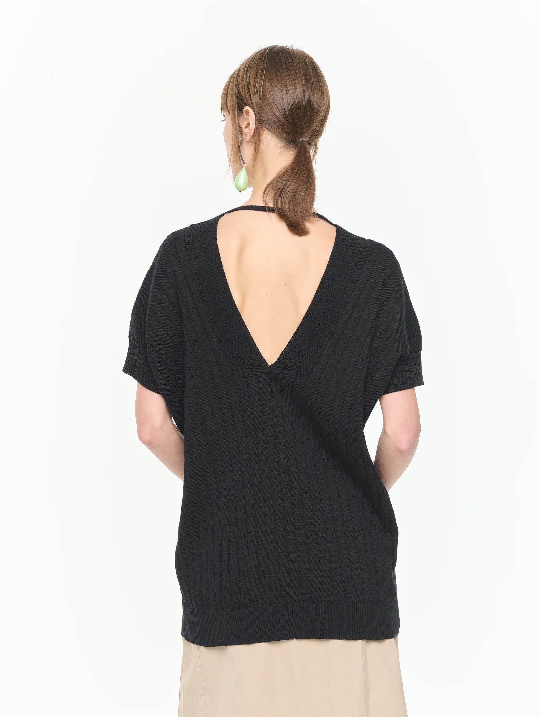 V Neck Cotton Ribbed Knit in Black