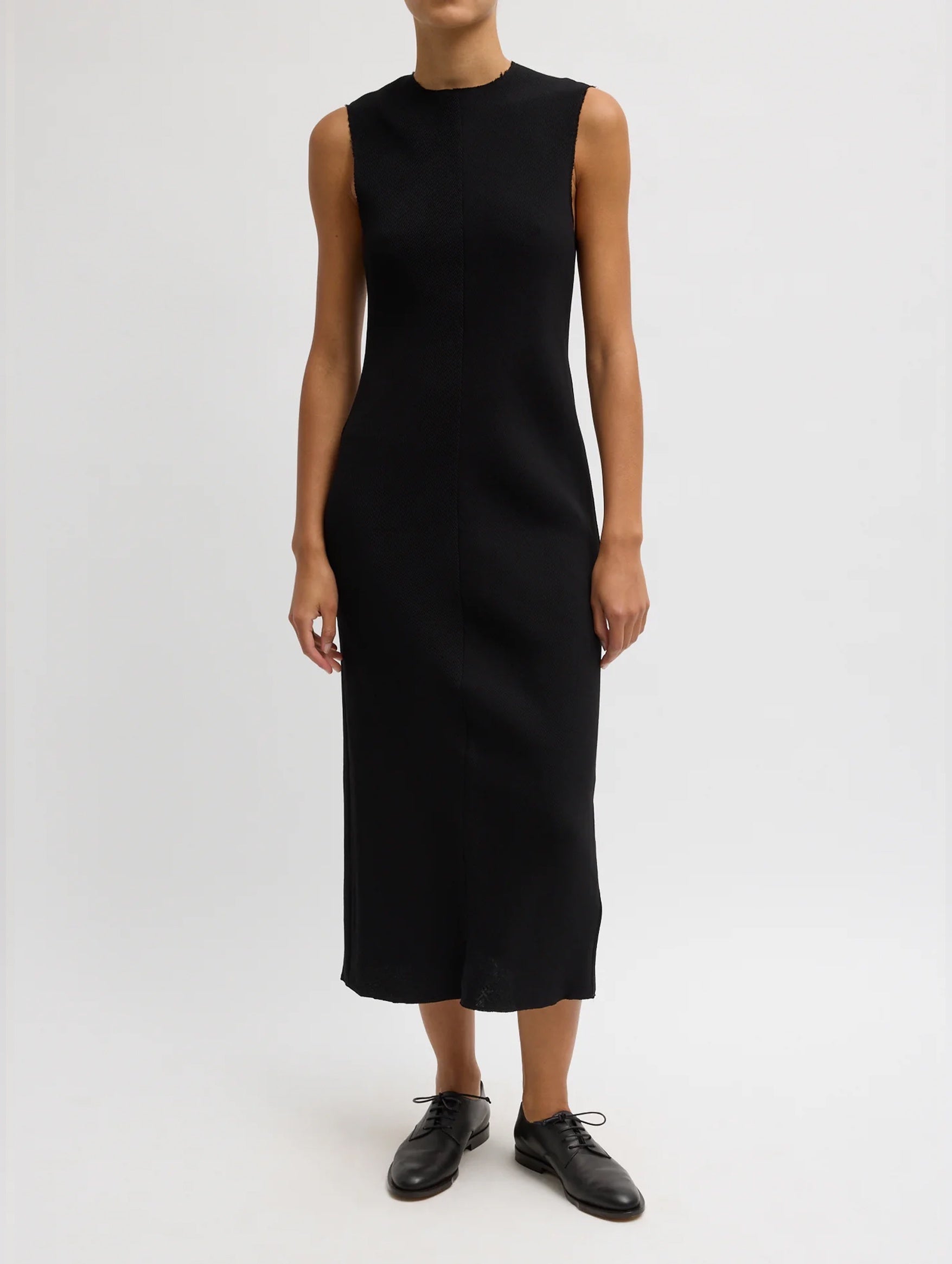 Viscose Plisse Sleeveless Bias Dress in Black