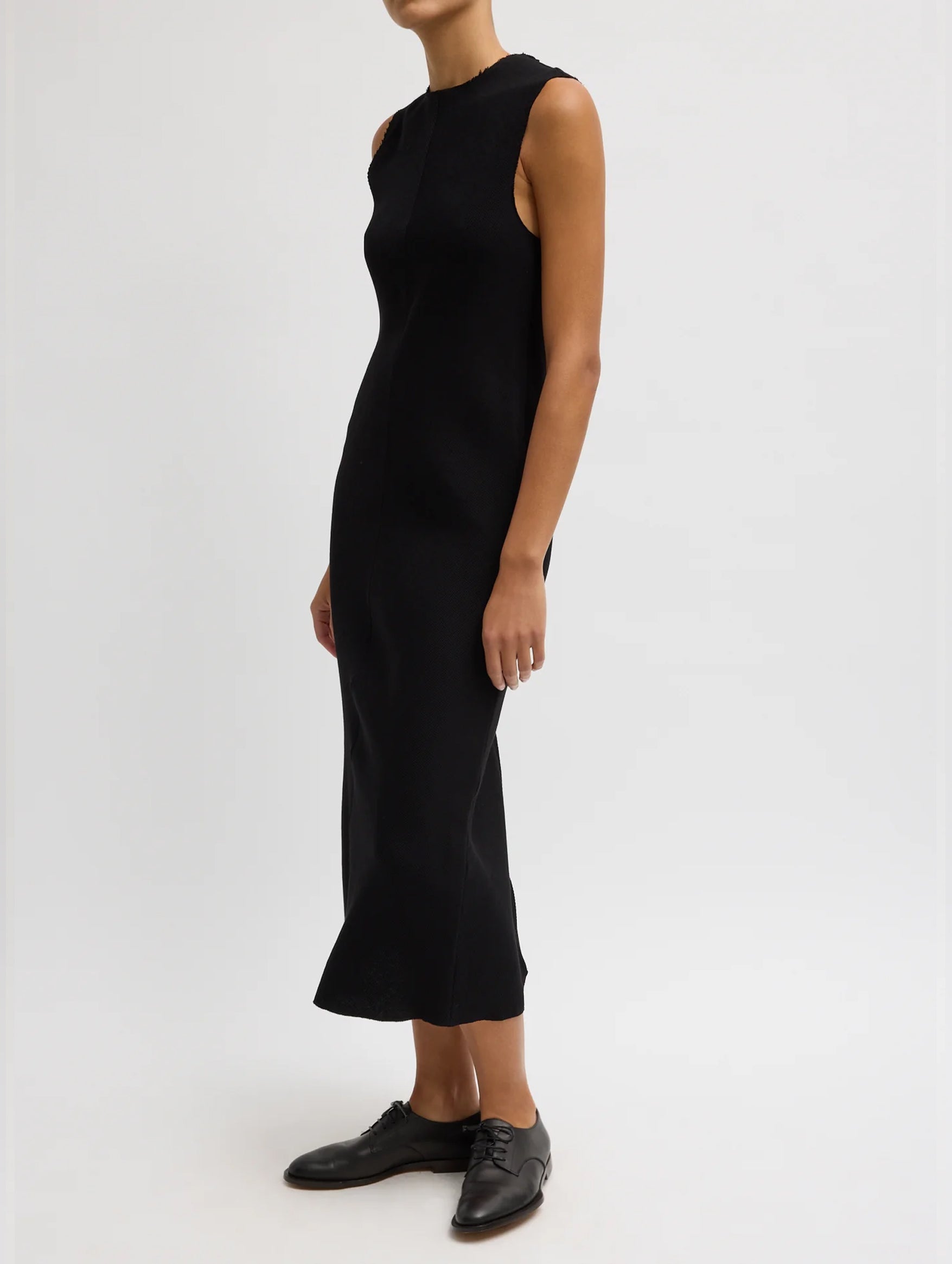 Viscose Plisse Sleeveless Bias Dress in Black