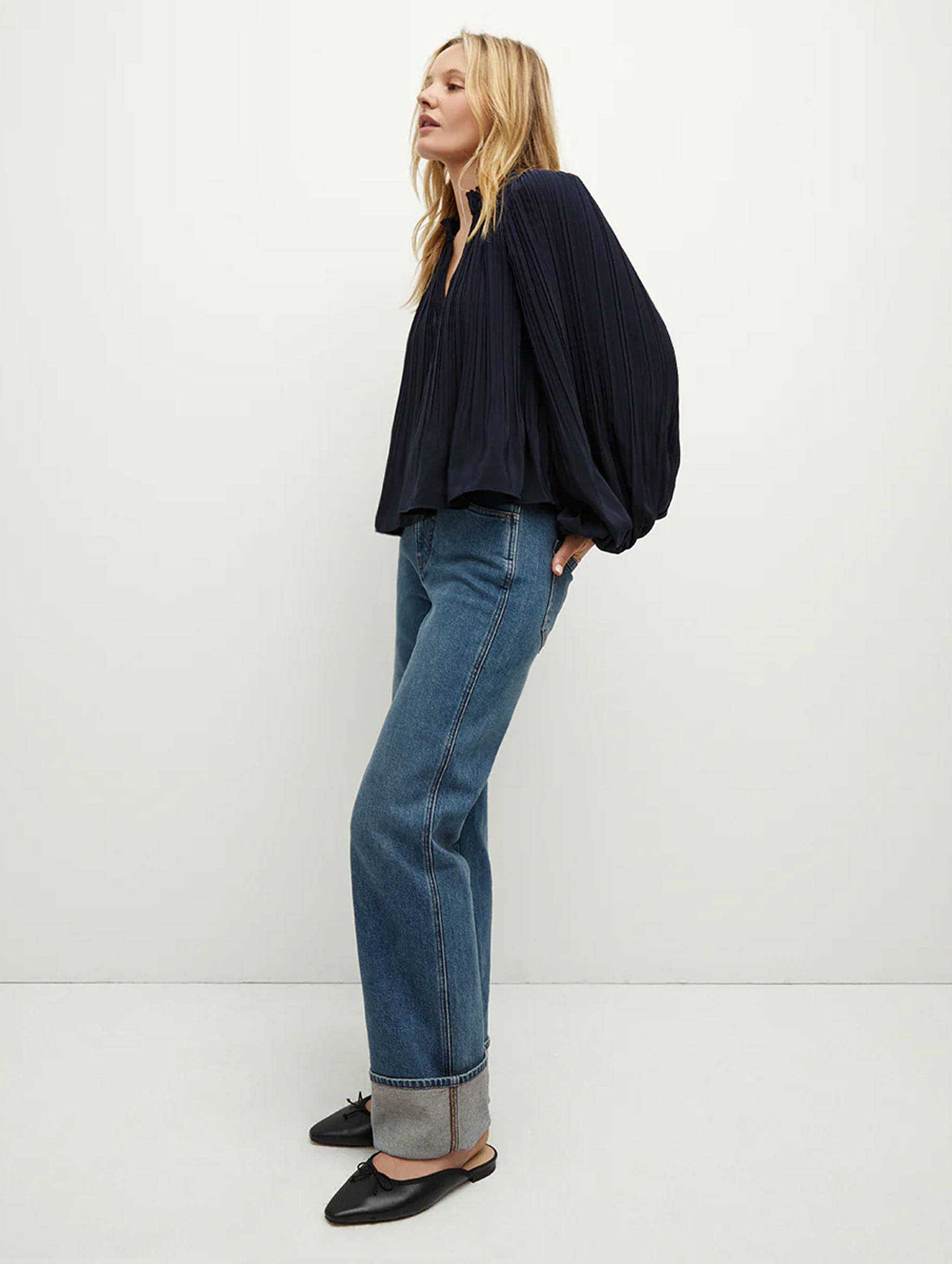 Walker Pleated Top in Navy