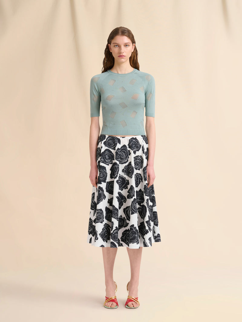 Poplin Midi Skirt with Luna Print in White