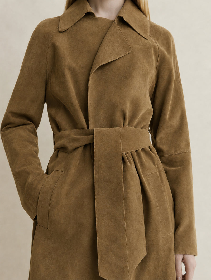 Yava Suede Coat in Dark Olive leather