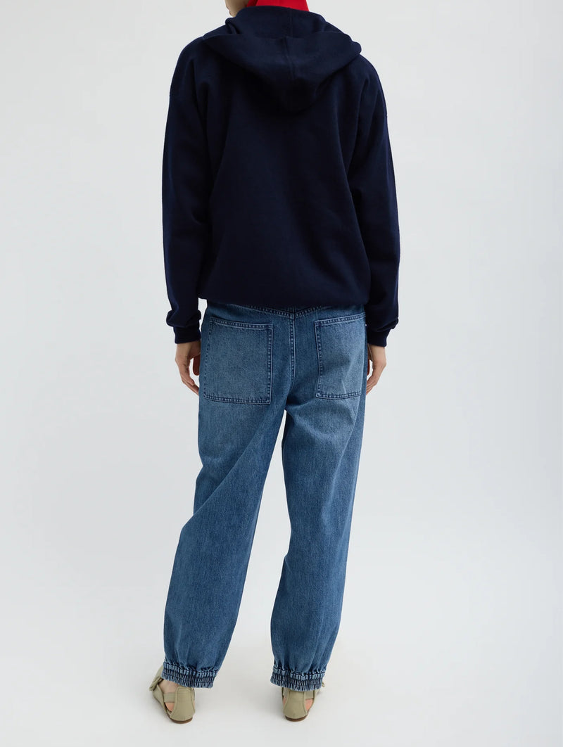 Zippered Denim Short Jogger in Classic Blue