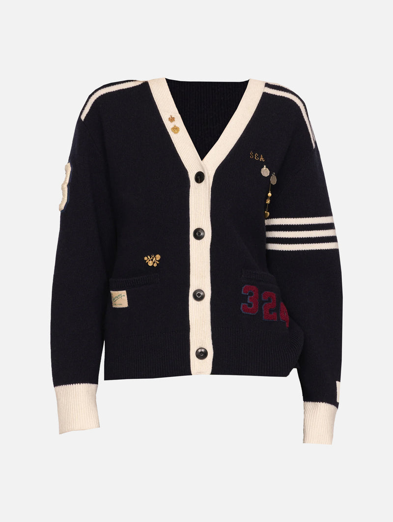 Arther Varsity Knit Cardigan in Navy