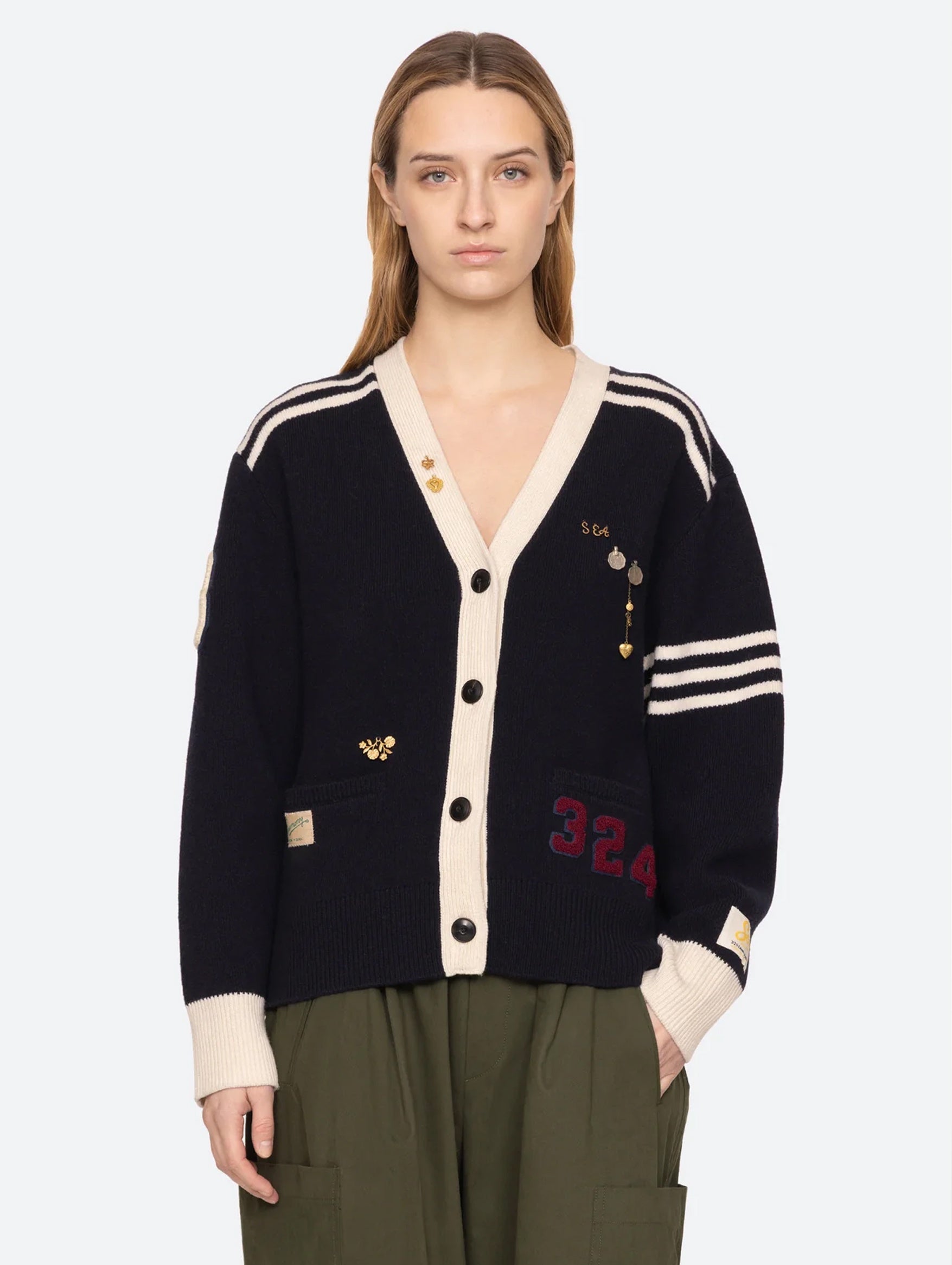 Arther Varsity Knit Cardigan in Navy