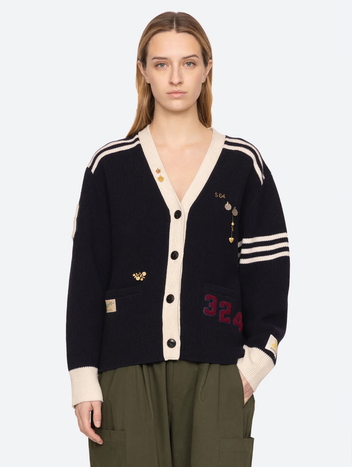 Arther Varsity Knit Cardigan in Navy