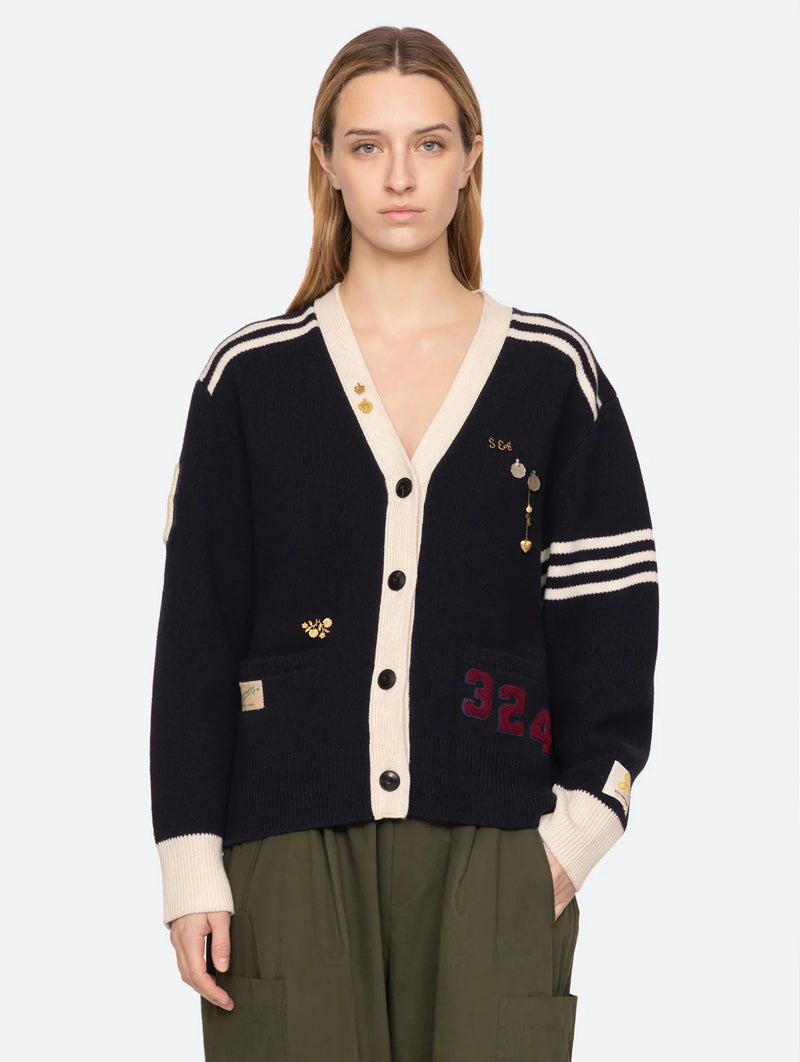 Arther Varsity Knit Cardigan in Navy