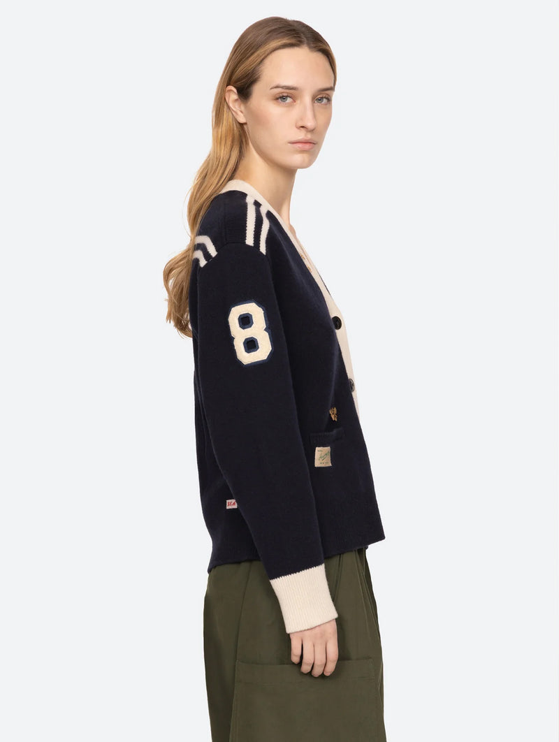 Arther Varsity Knit Cardigan in Navy