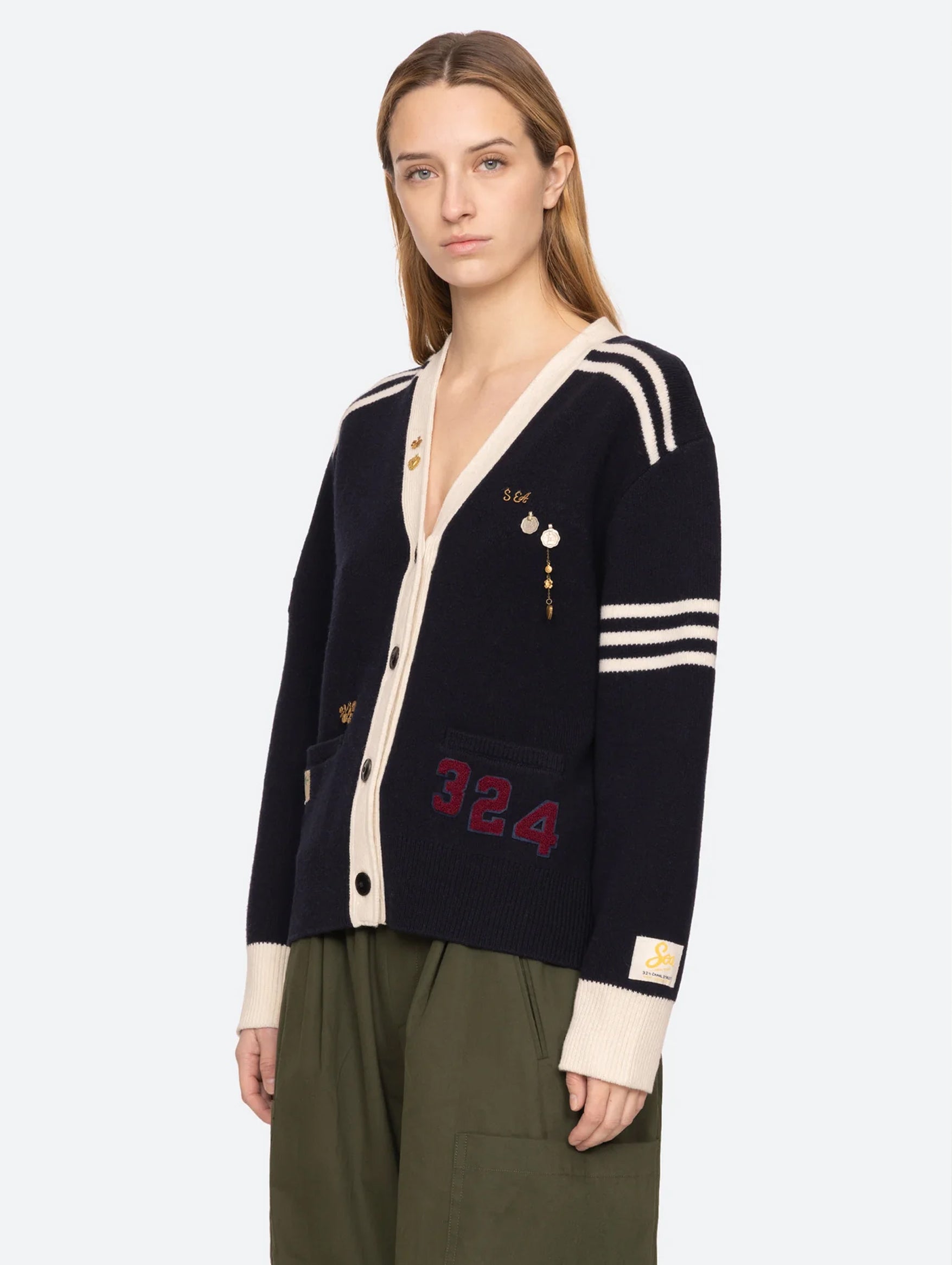 Arther Varsity Knit Cardigan in Navy