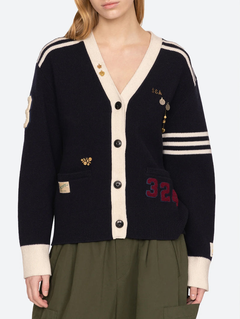 Arther Varsity Knit Cardigan in Navy