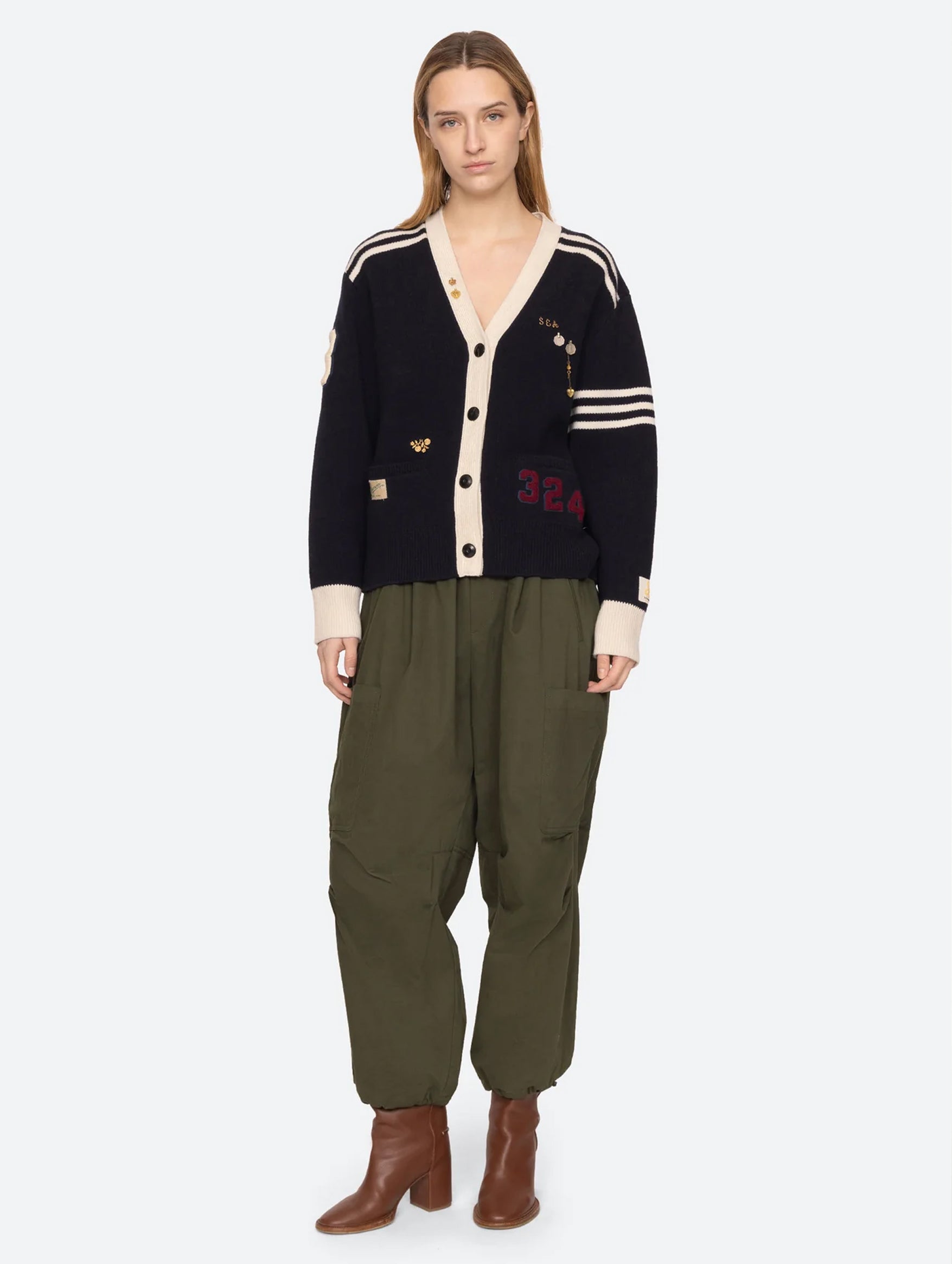 Arther Varsity Knit Cardigan in Navy
