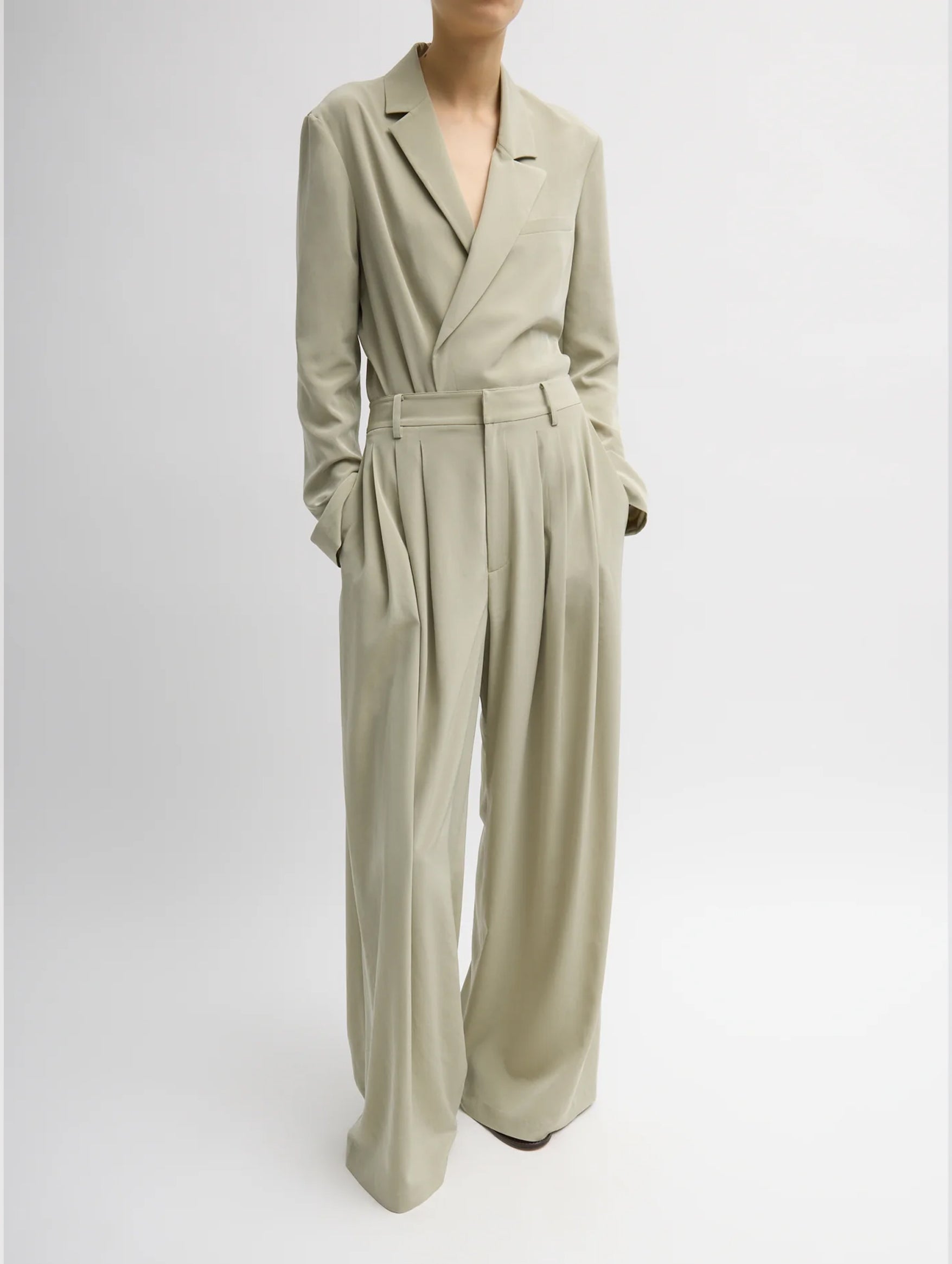 Relaxed Suiting Asymmetrical Wrap Blazer in Moss Grey