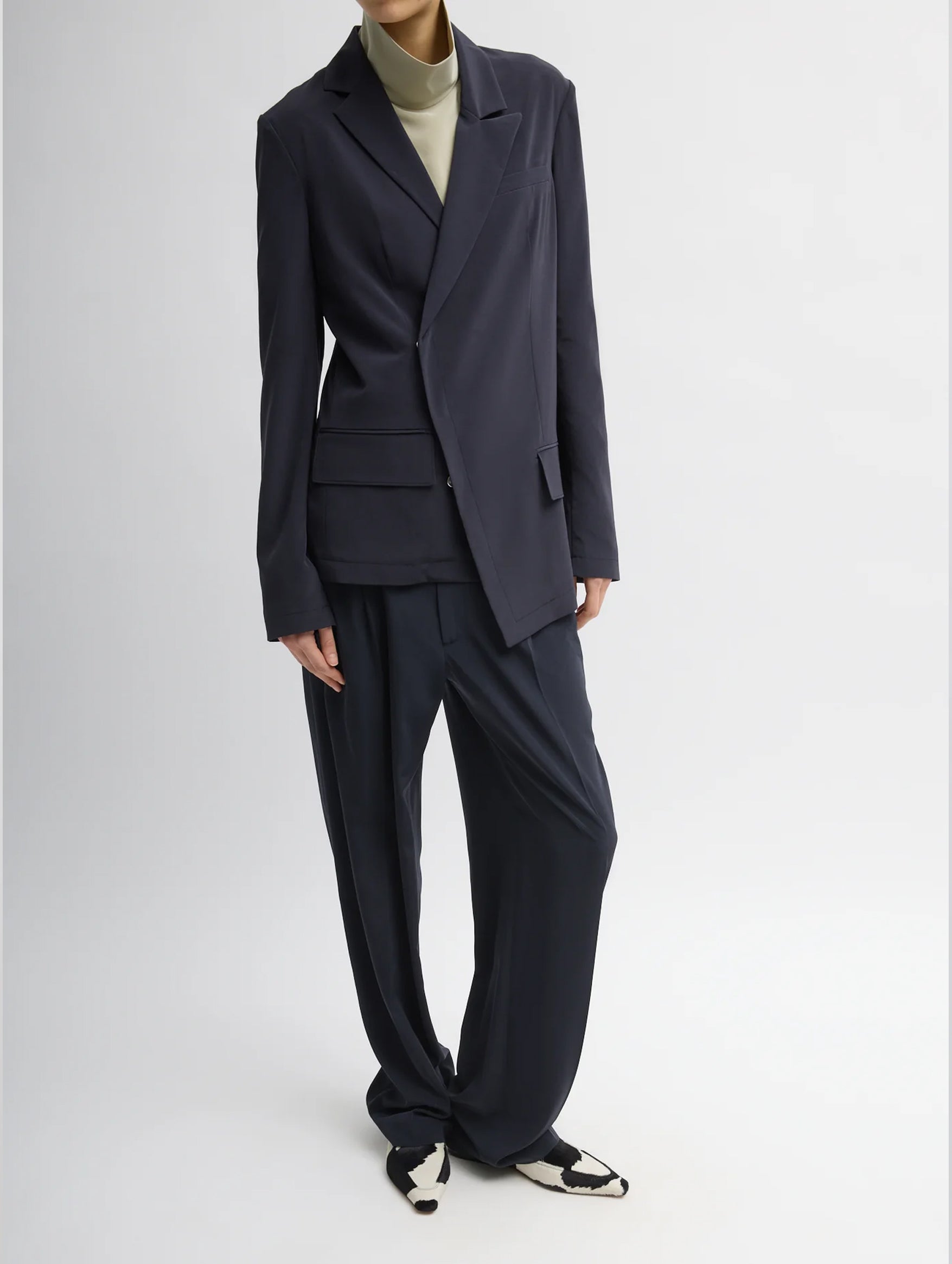 Relaxed Suiting Asymmetrical Wrap Blazer in Navy