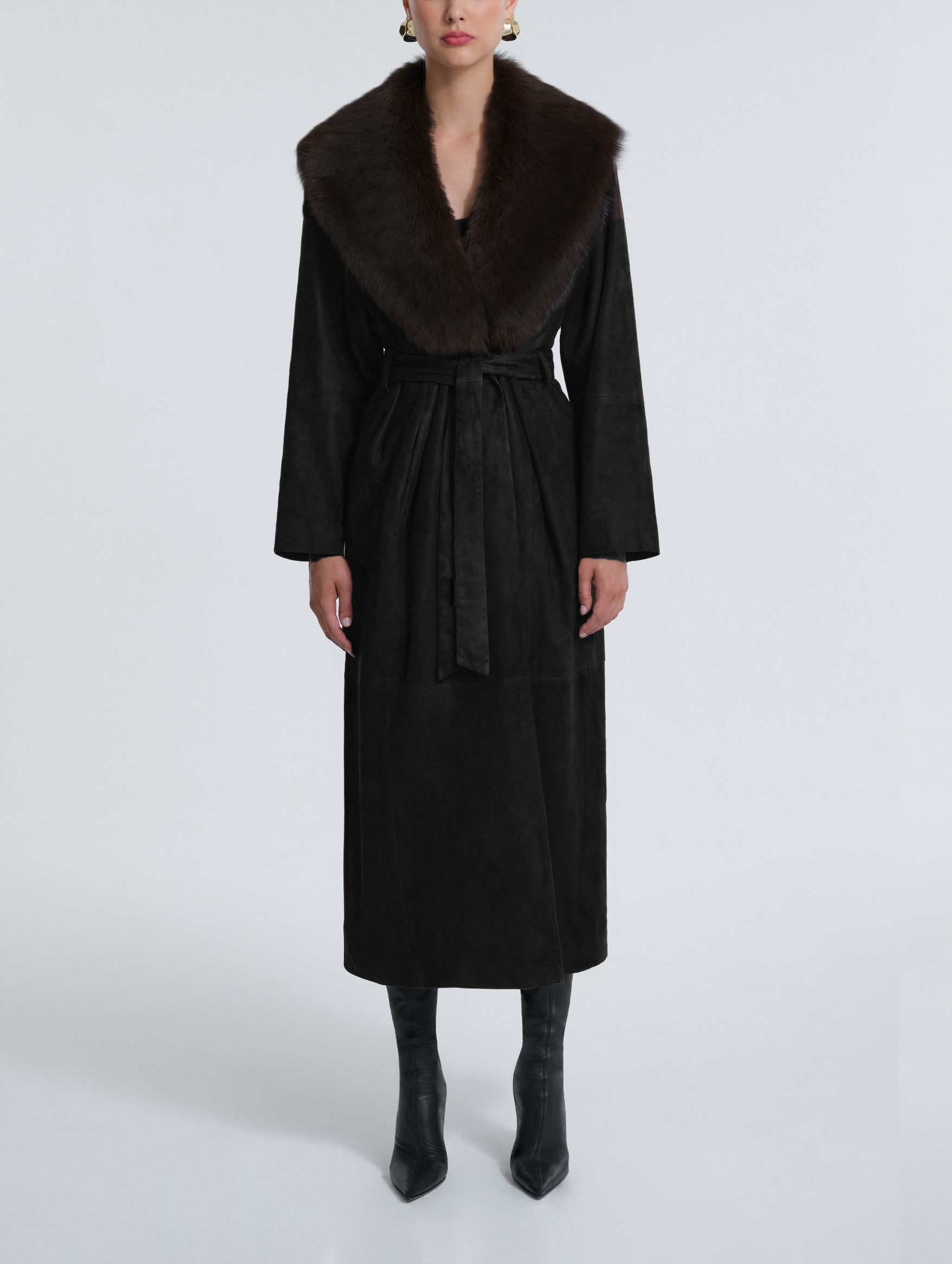 Briona Suede Coat in Black with Espresso Collar – Muse Boutique