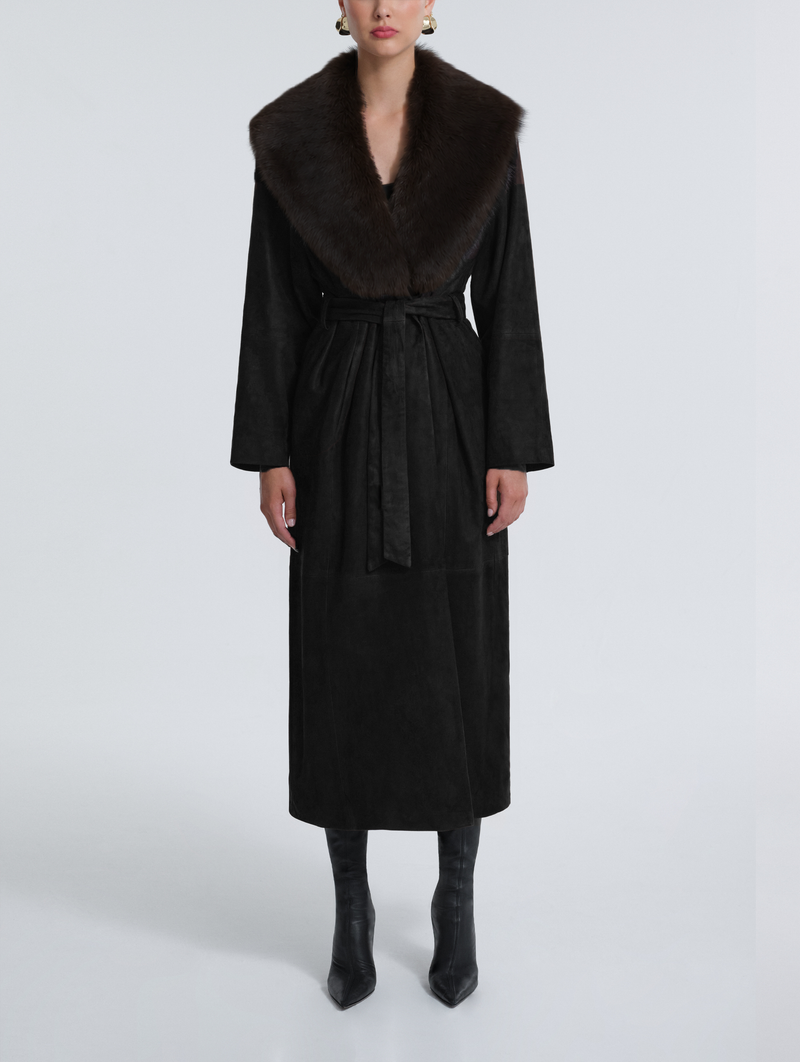 Briona Suede Coat in Black with Espresso Collar – Muse Boutique