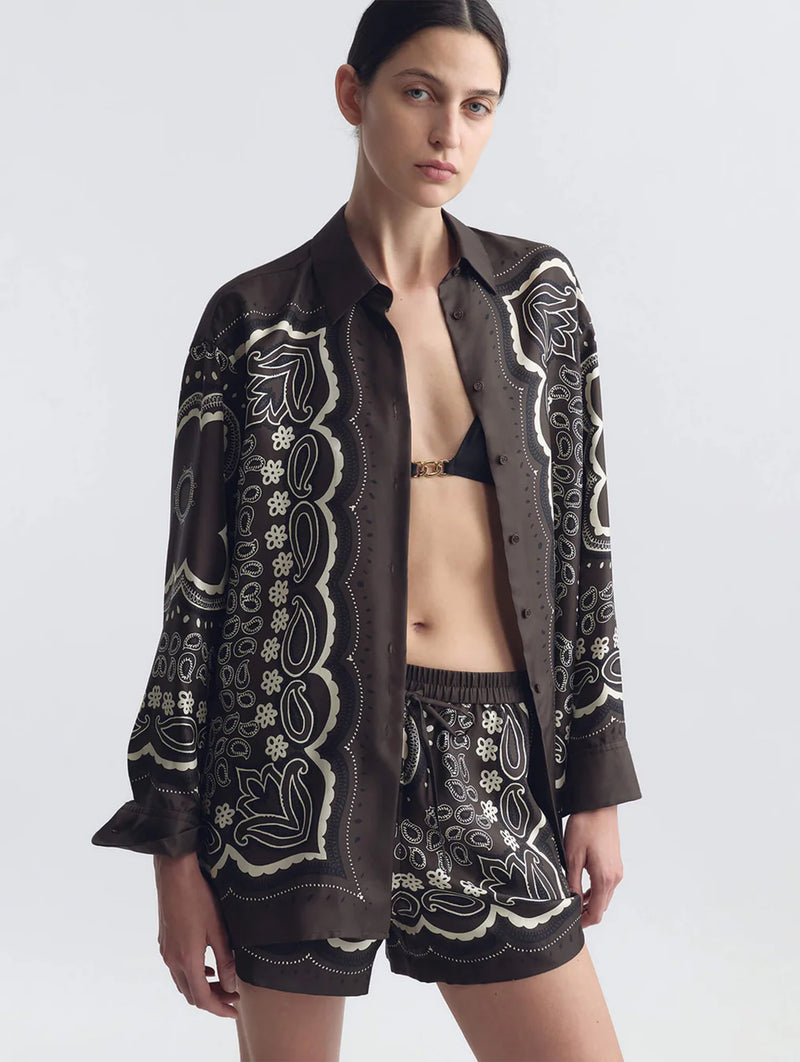 Alfie Silk Shirt in Brown Ivory Bandana Print